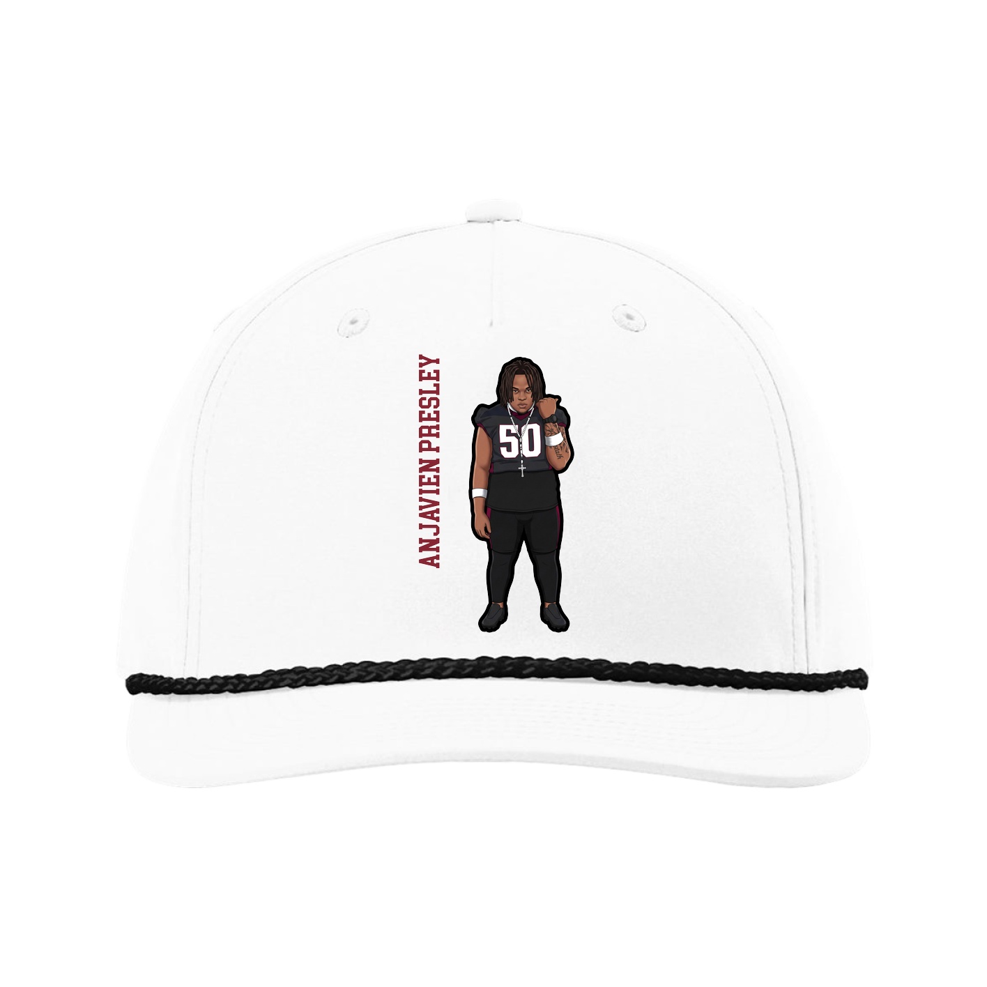 Five-Panel Classic Rope Cap — Name Vertical in White