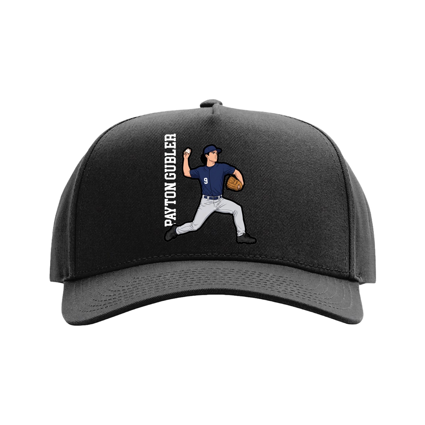Full Fabric Five-Panel Champ Cap — Name Vertical in Black