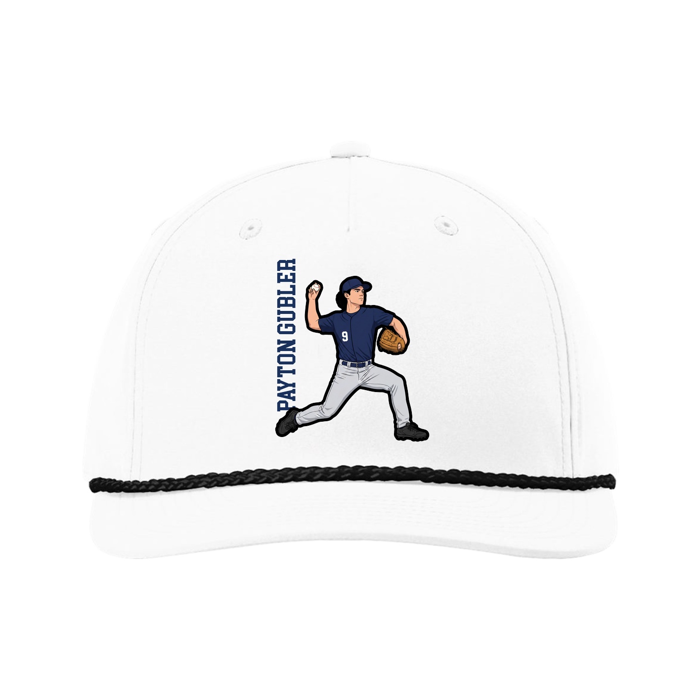 Five-Panel Classic Rope Cap — Name Vertical in White