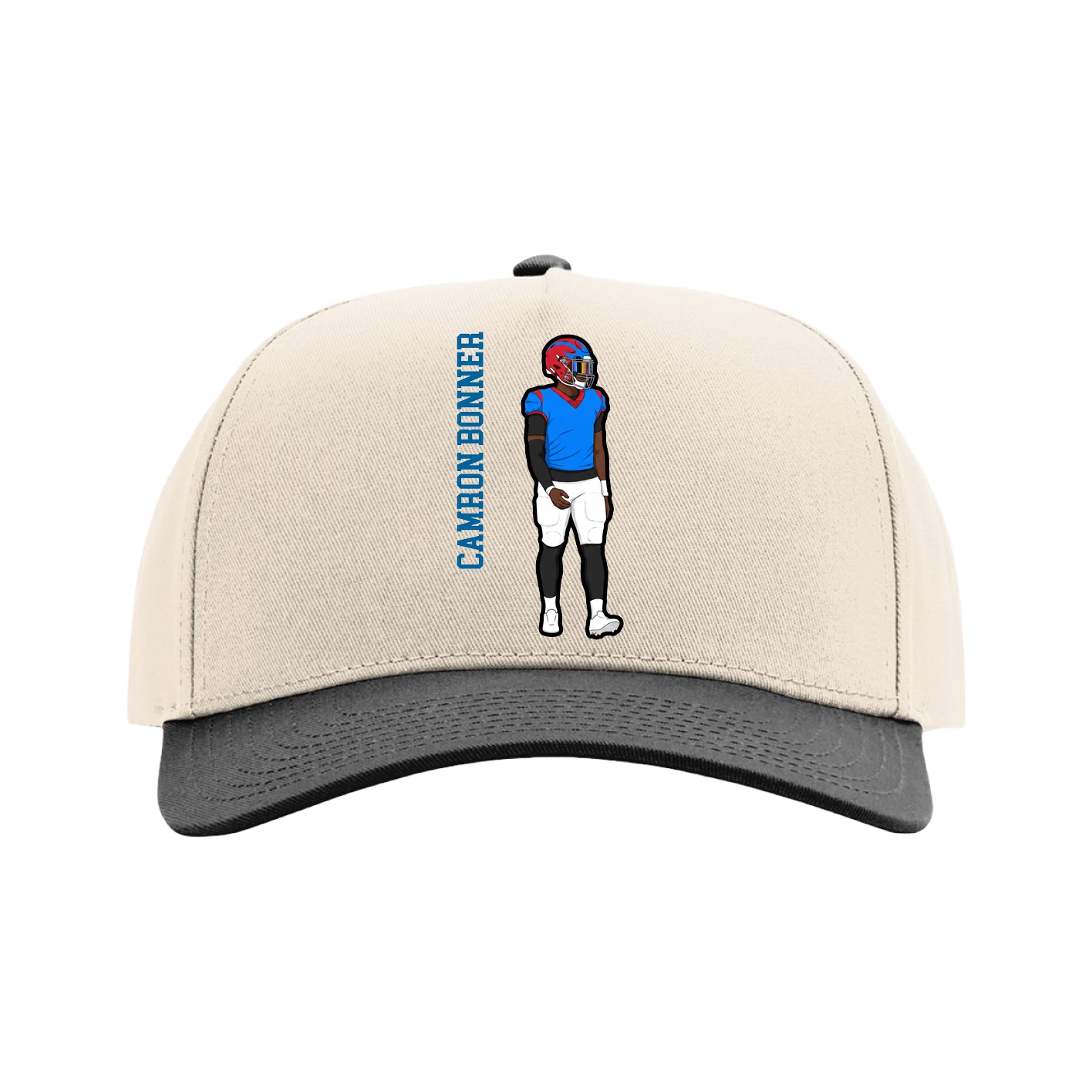 Full Fabric Five-Panel Champ Cap — Name Vertical in Cream/Black