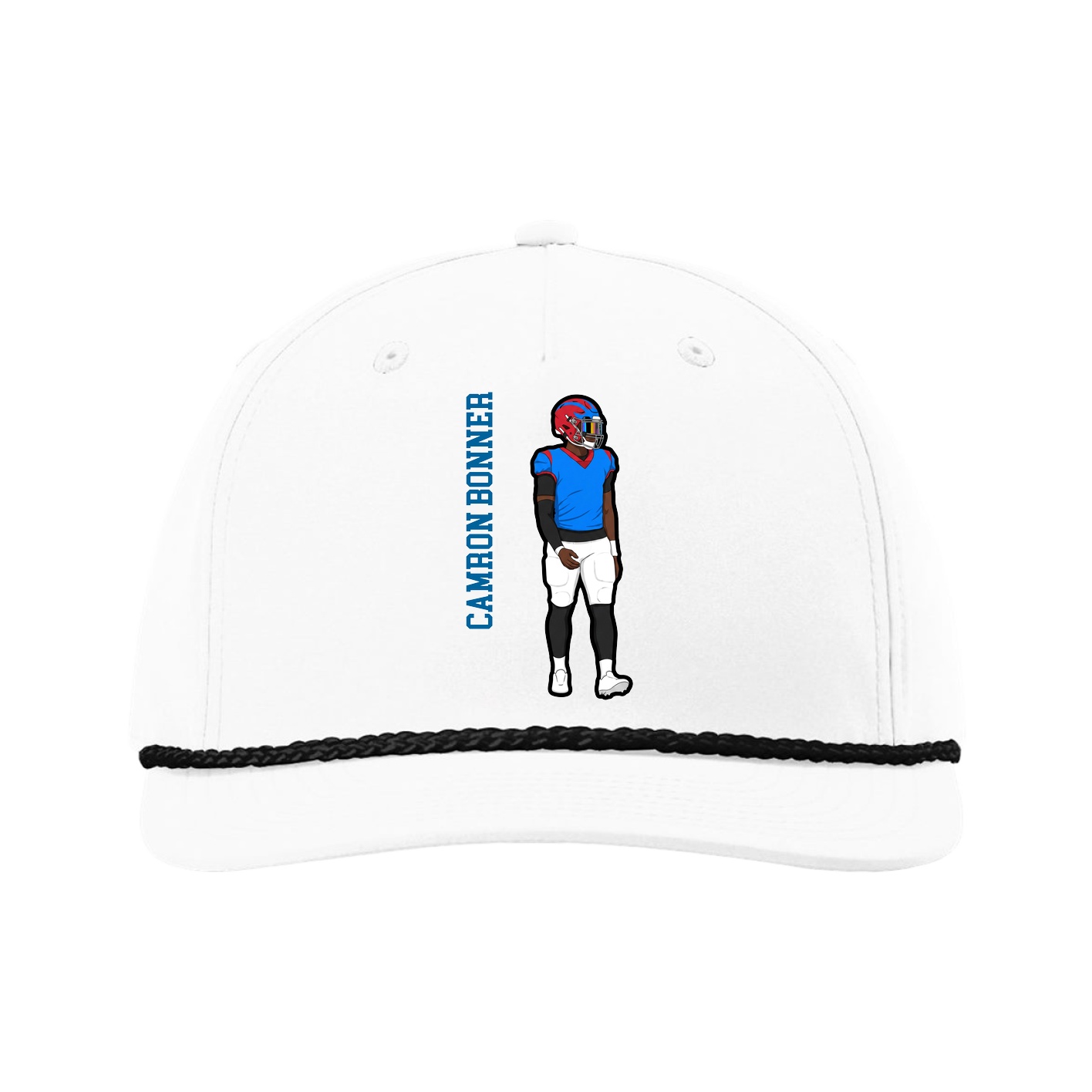 Five-Panel Classic Rope Cap — Name Vertical in White