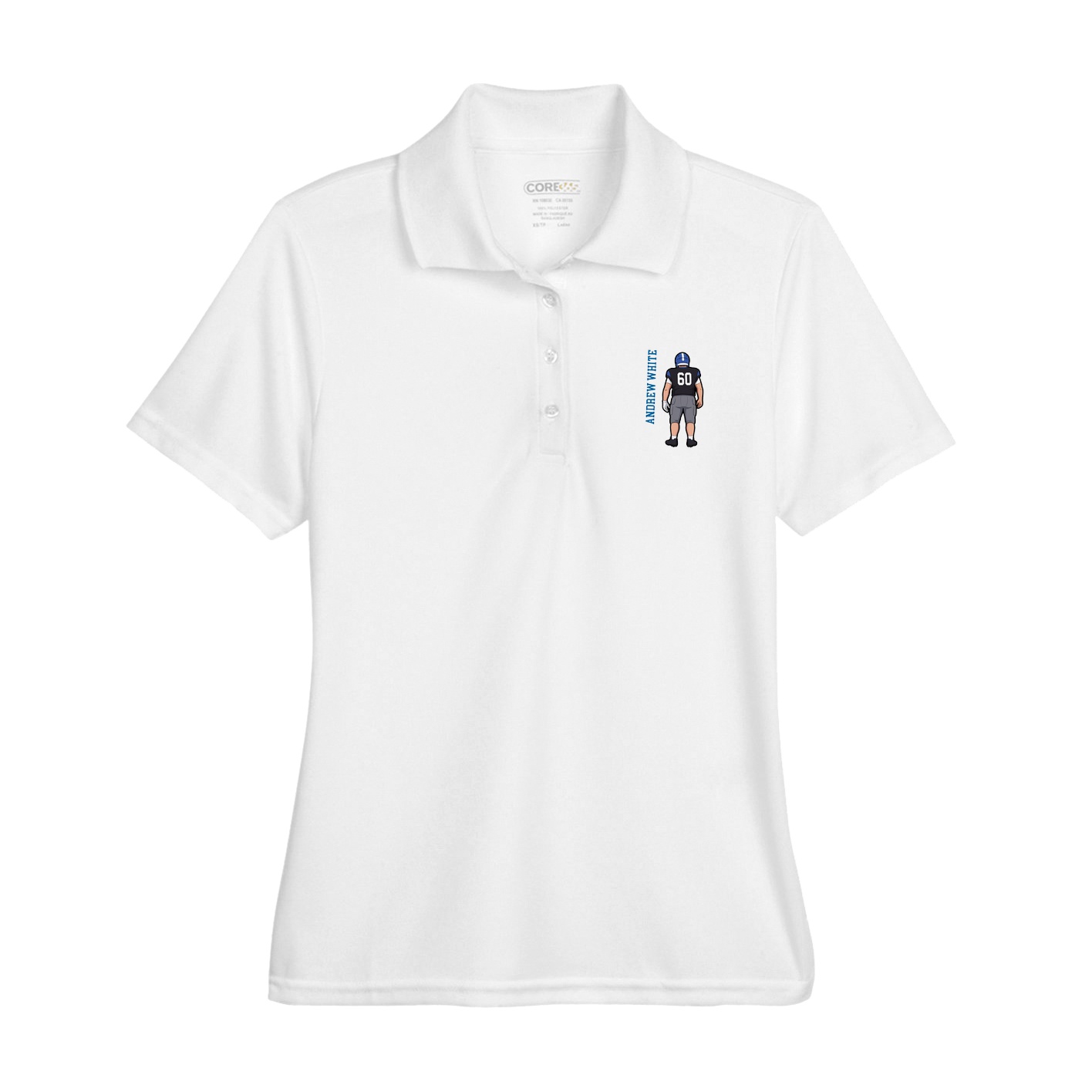Womens Performance Polo — Name Vertical in White