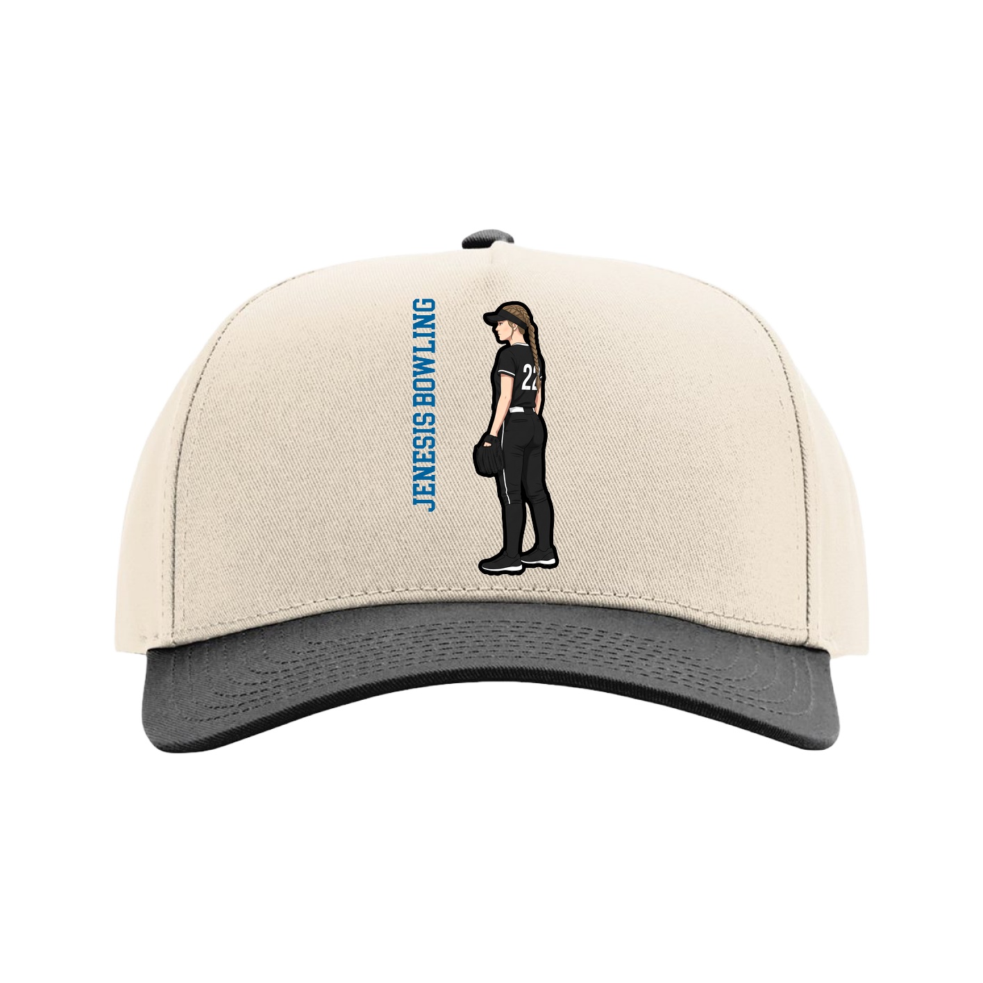 Full Fabric Five-Panel Champ Cap — Name Vertical in Cream/Black