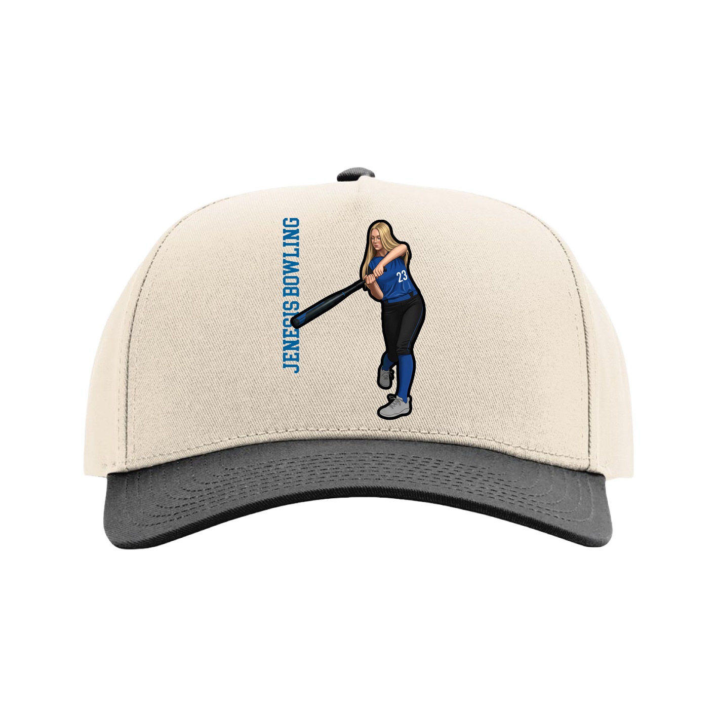 Full Fabric Five-Panel Champ Cap — Name Vertical in Cream/Black
