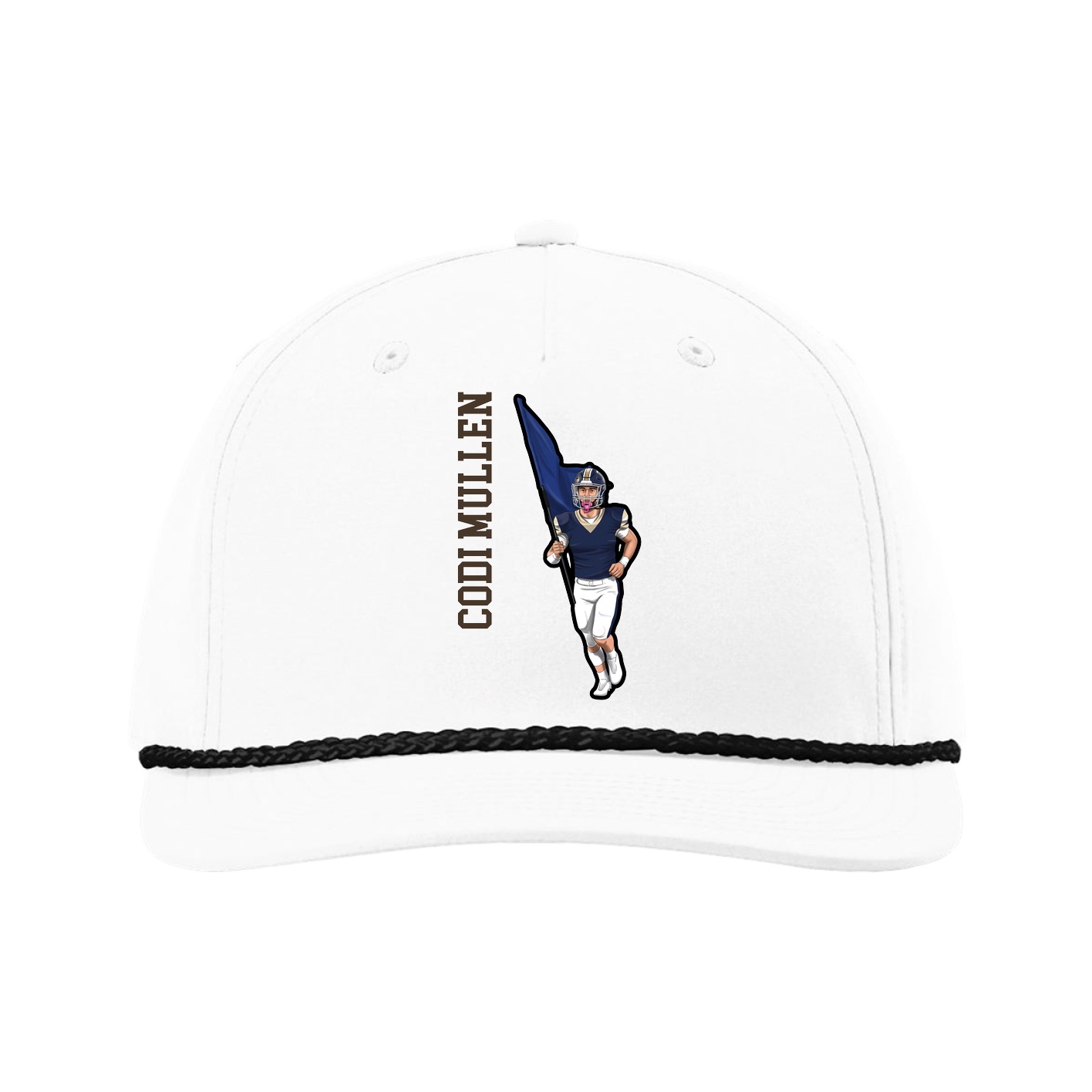 Five-Panel Classic Rope Cap — Name Vertical in White