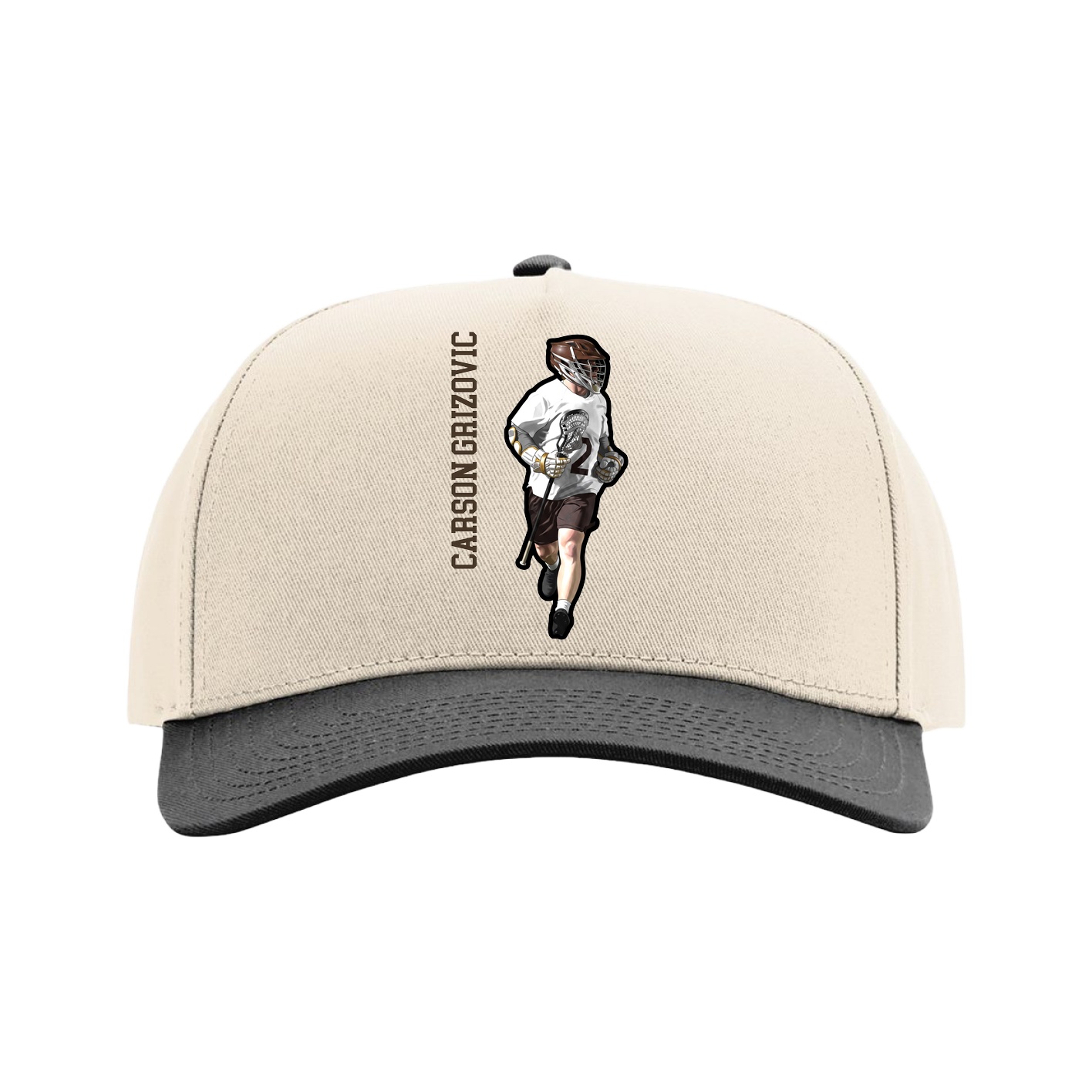 Full Fabric Five-Panel Champ Cap — Name Vertical in Cream/Black
