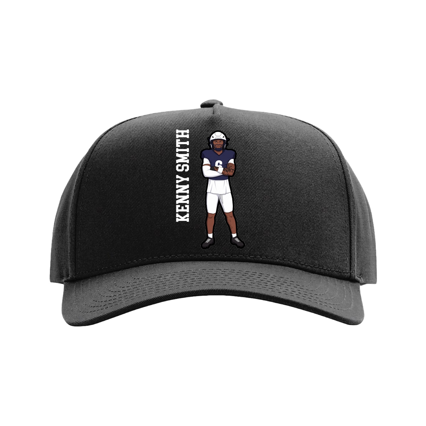 Full Fabric Five-Panel Champ Cap — Name Vertical in Black