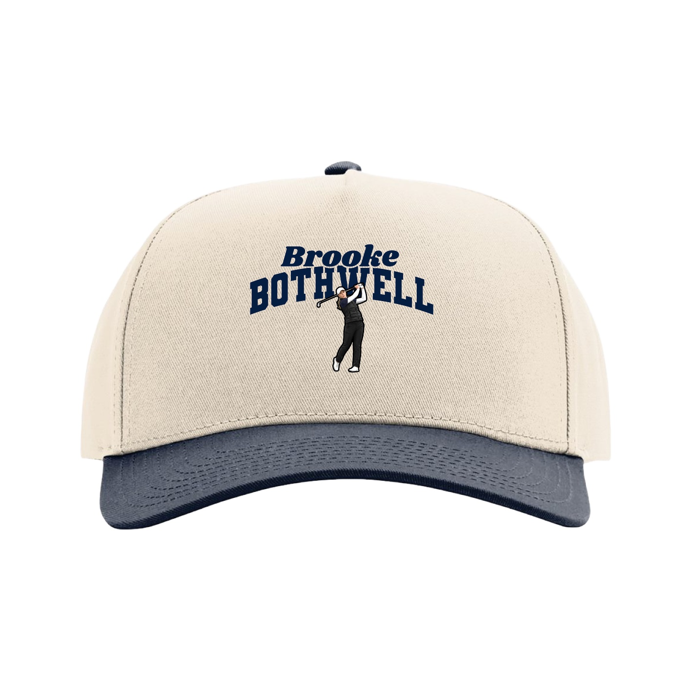 Full Fabric Five-Panel Champ Cap — Signature Arch in Cream/Navy