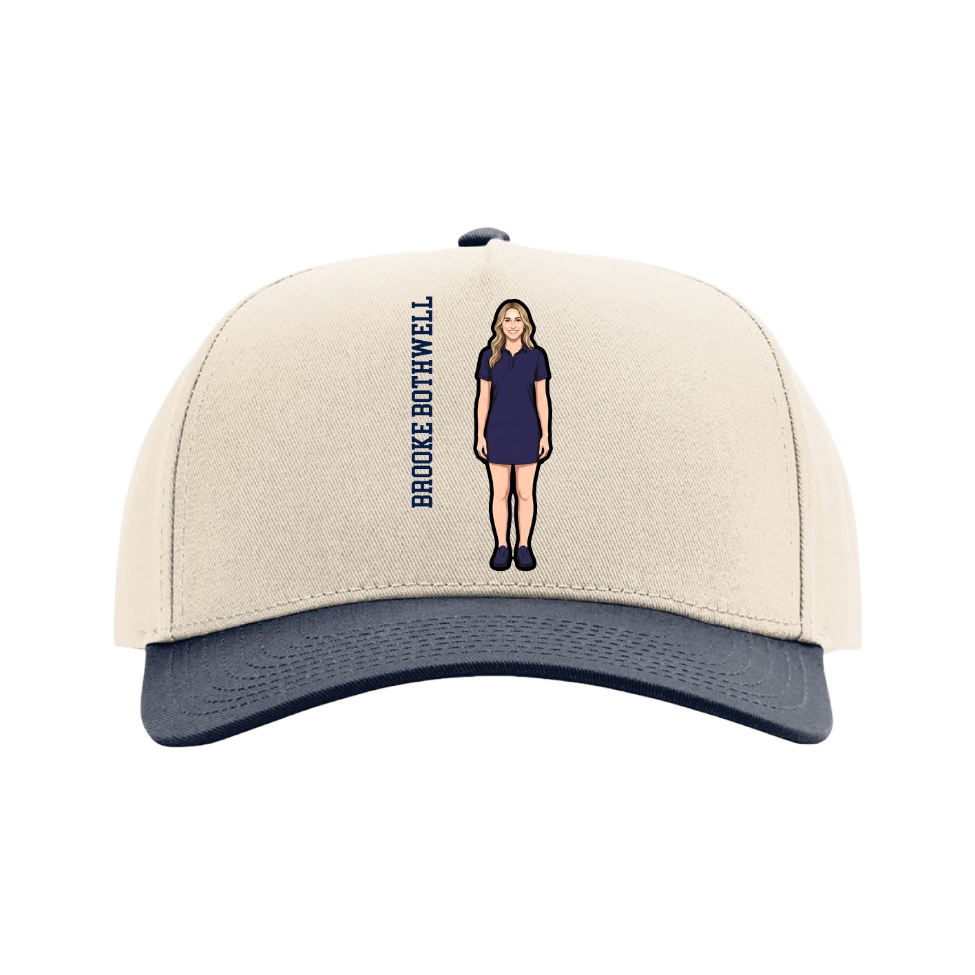 Full Fabric Five-Panel Champ Cap — Name Vertical in Cream/Navy