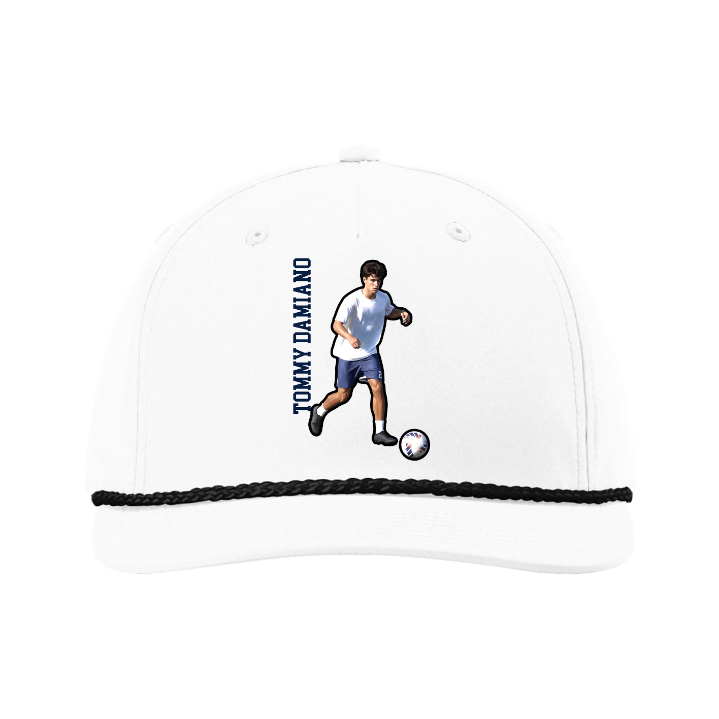 Five-Panel Classic Rope Cap — Name Vertical in White