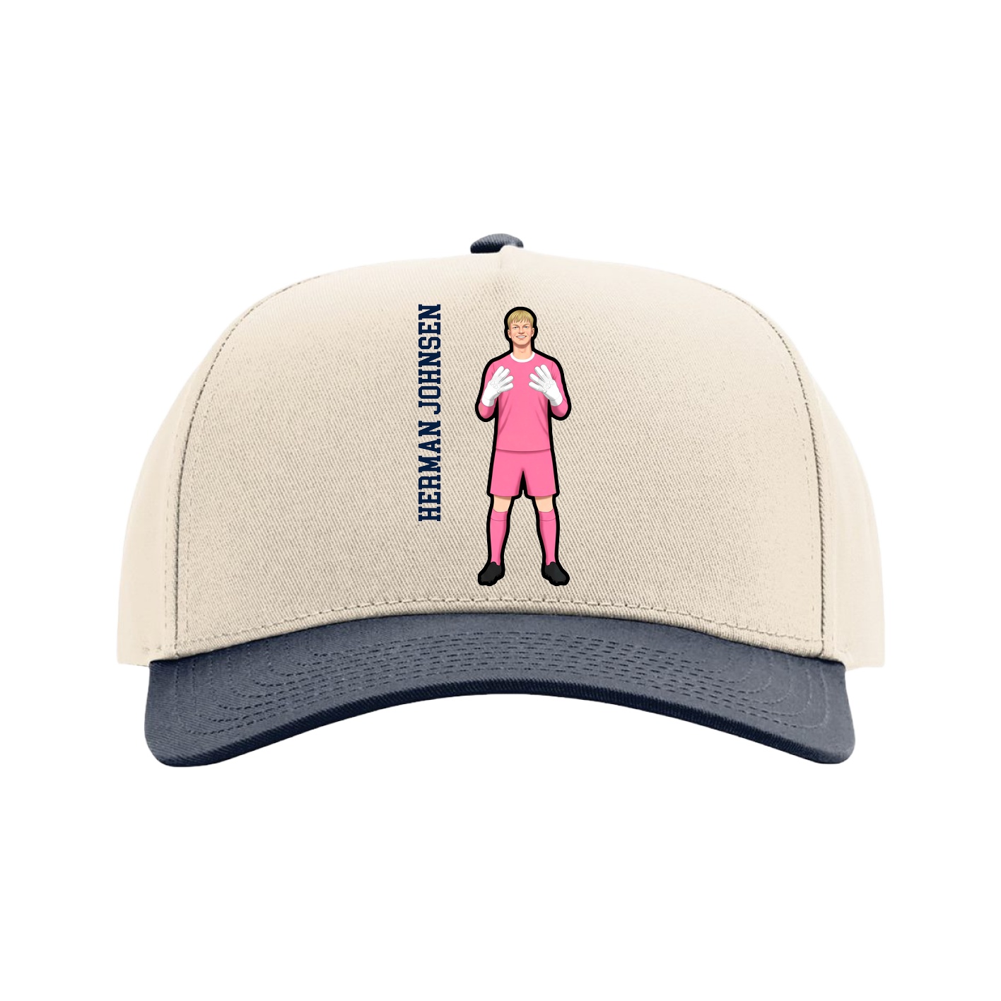 Full Fabric Five-Panel Champ Cap — Name Vertical in Cream/Navy