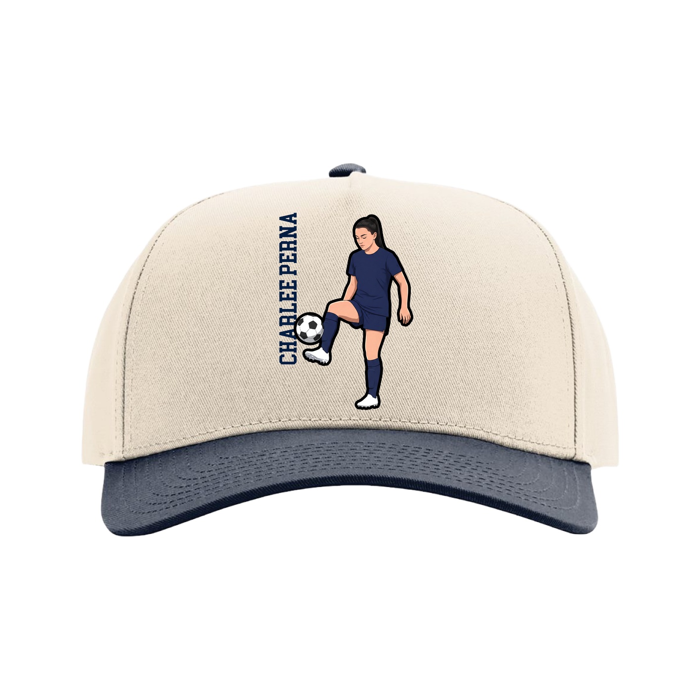 Full Fabric Five-Panel Champ Cap — Name Vertical in Cream/Navy