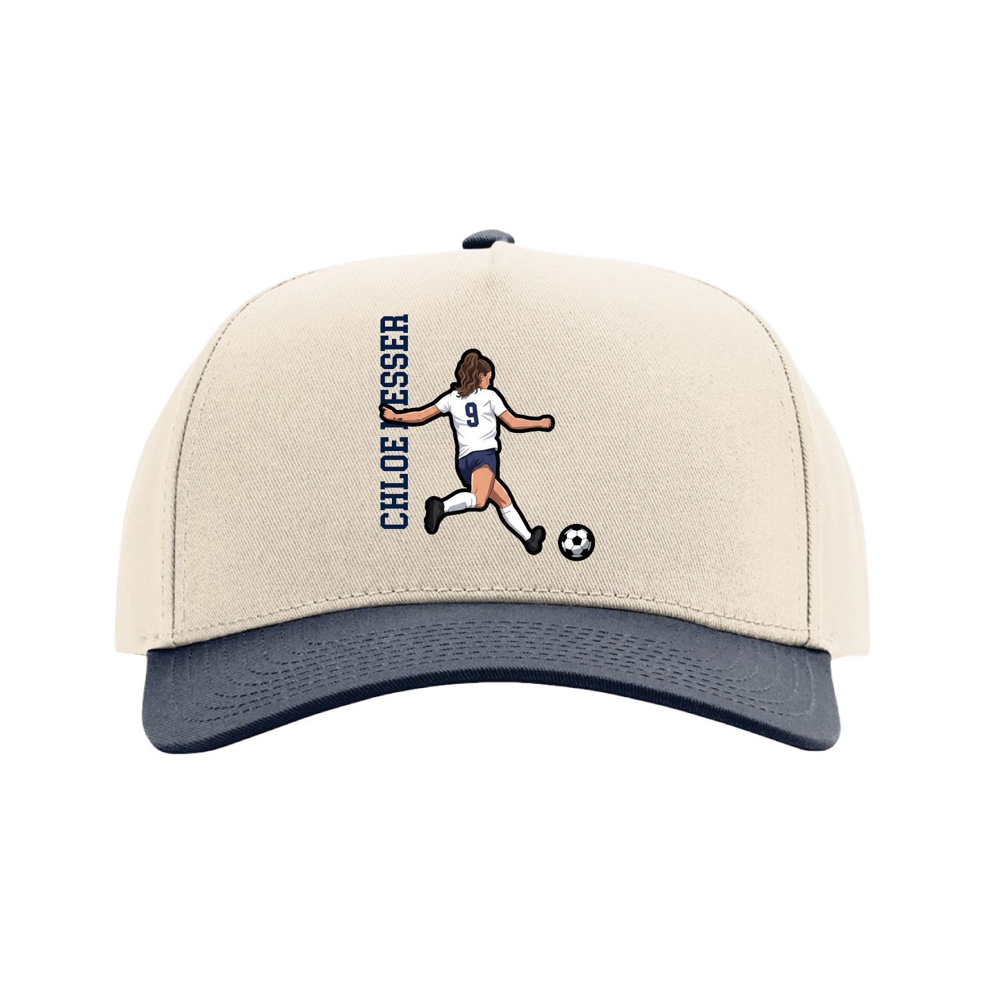 Full Fabric Five-Panel Champ Cap — Name Vertical in Cream/Navy