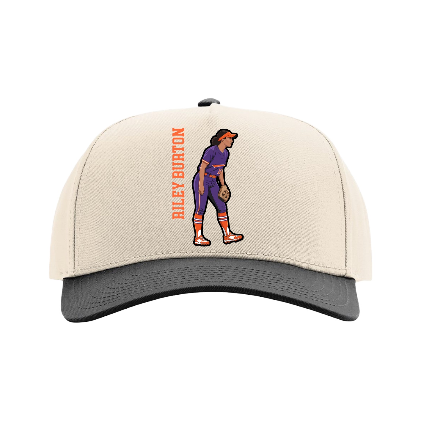 Full Fabric Five-Panel Champ Cap — Name Vertical in Cream/Black