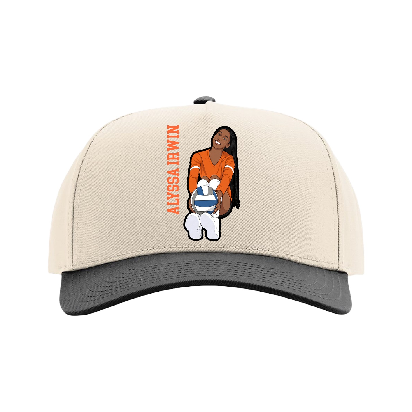 Full Fabric Five-Panel Champ Cap — Name Vertical in Cream/Black