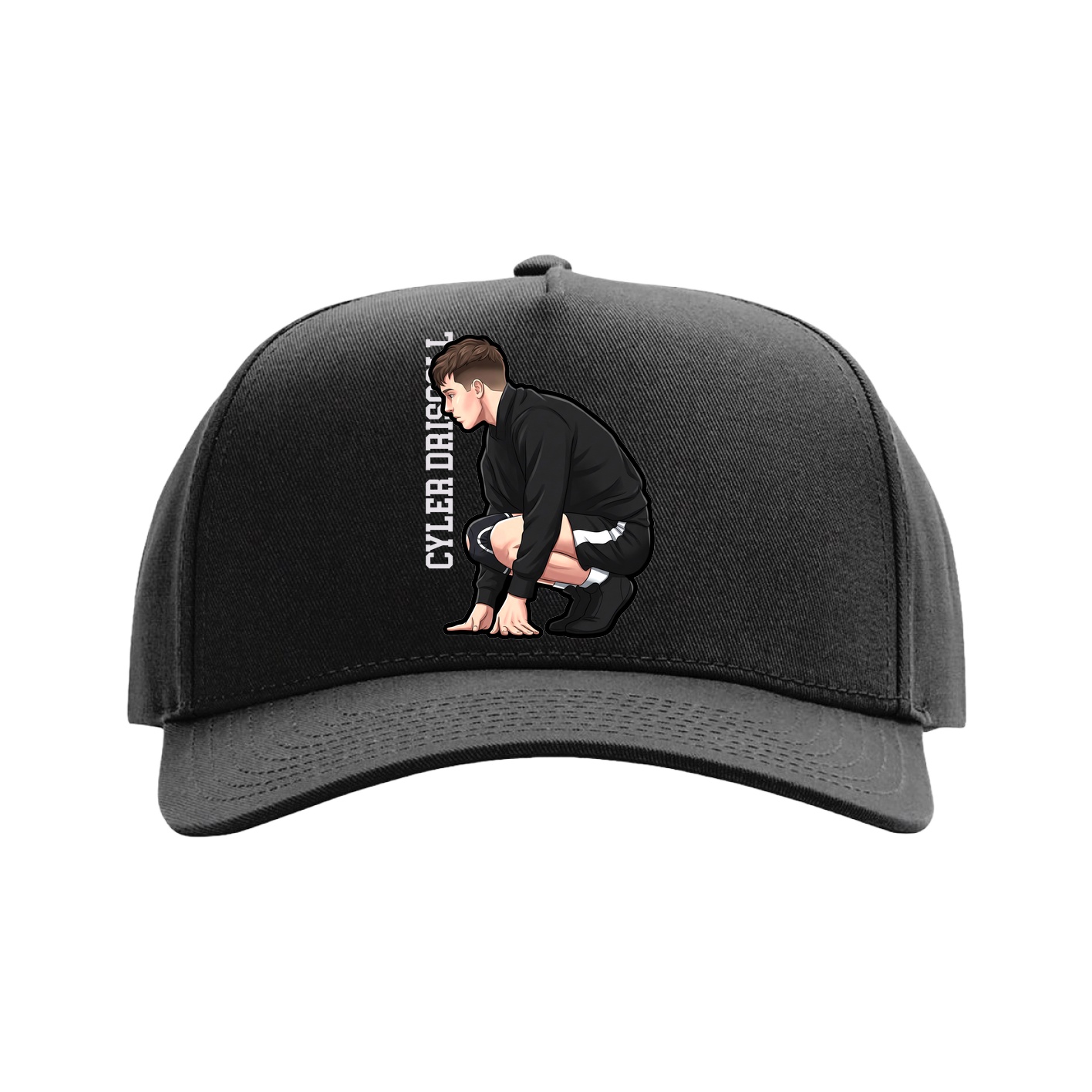 Full Fabric Five-Panel Champ Cap — Name Vertical in Black