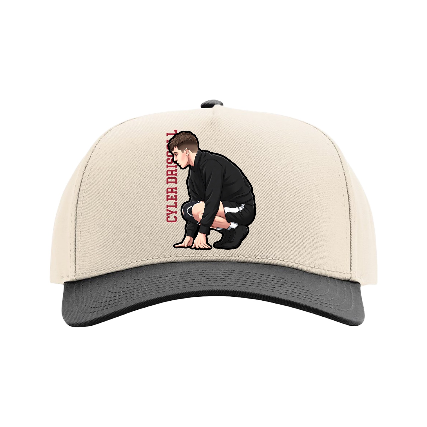 Full Fabric Five-Panel Champ Cap — Name Vertical in Cream/Black