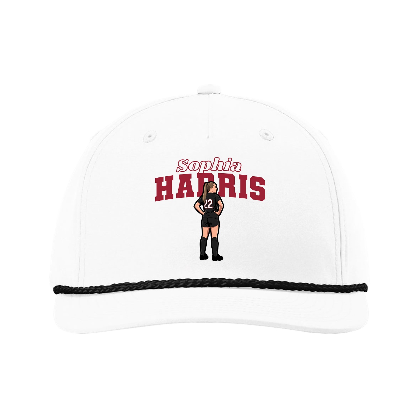 Five-Panel Classic Rope Cap — Name Arch in White
