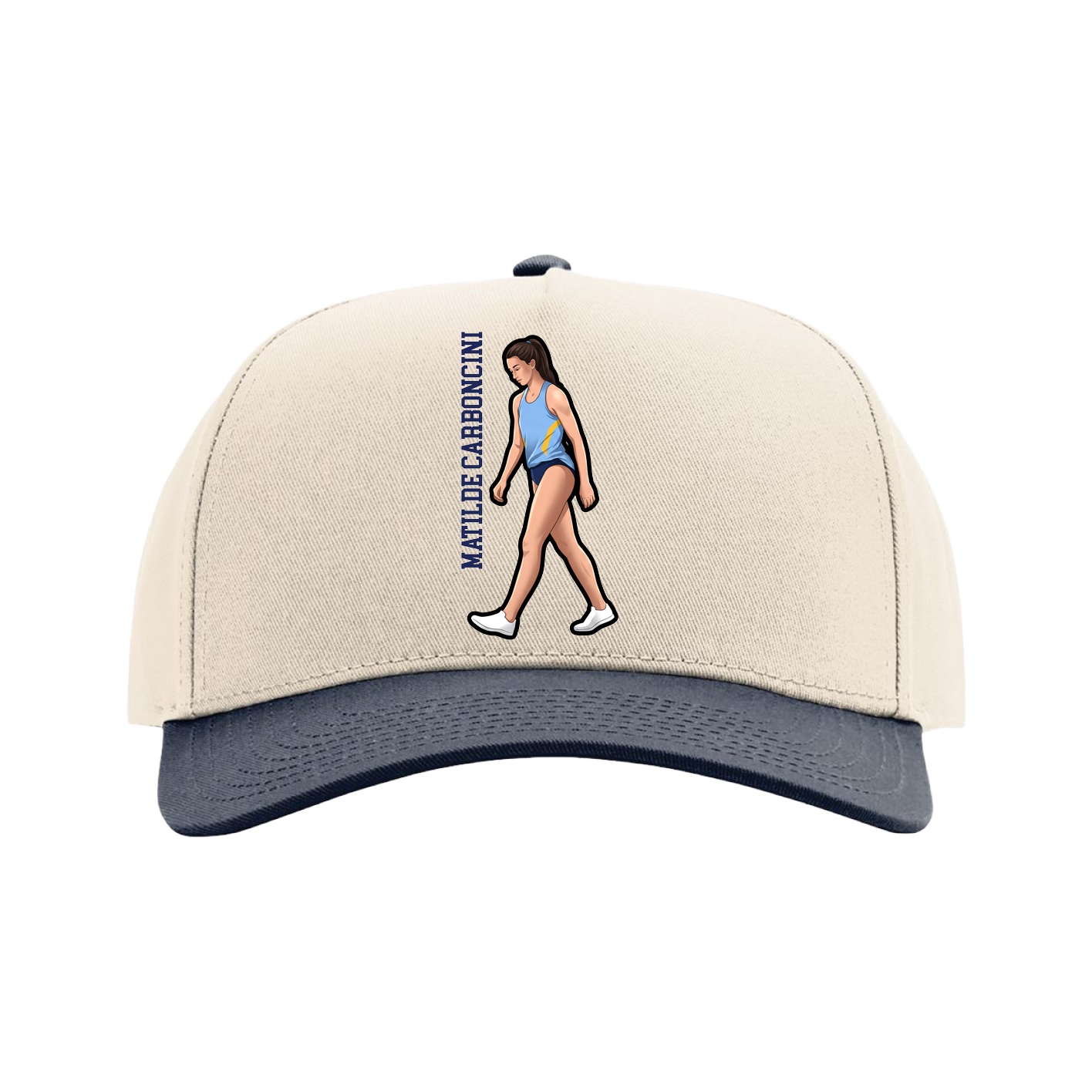 Full Fabric Five-Panel Champ Cap — Name Vertical in Cream/Navy