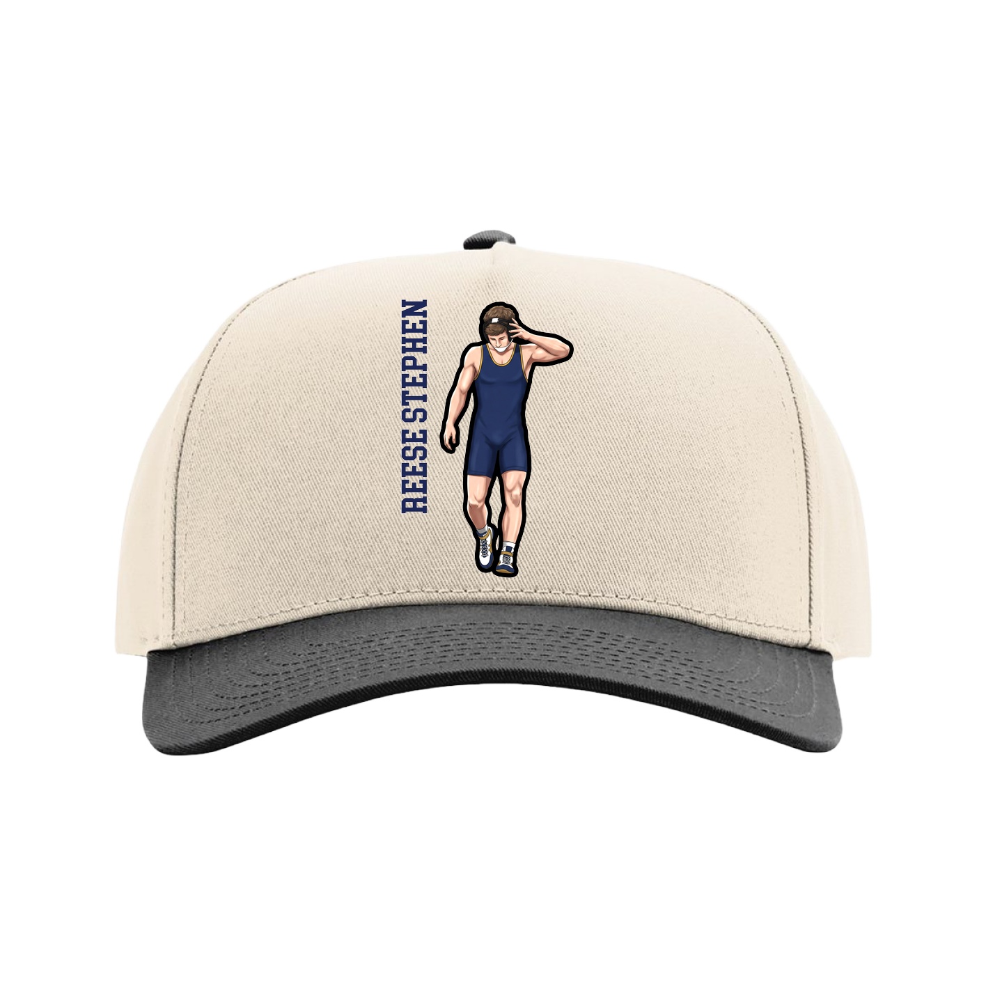 Full Fabric Five-Panel Champ Cap — Name Vertical in Cream/Black