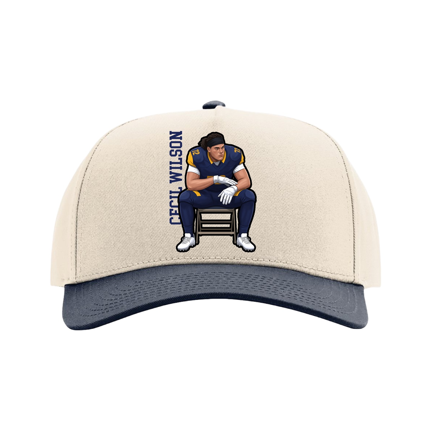 Full Fabric Five-Panel Champ Cap — Name Vertical in Cream/Navy