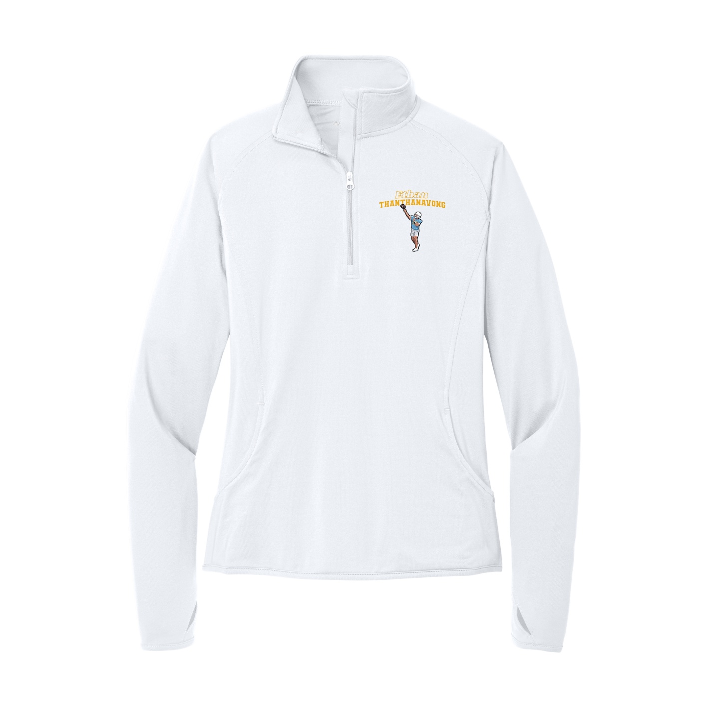 Women's Q-Zip Pullover — Name Arch in White