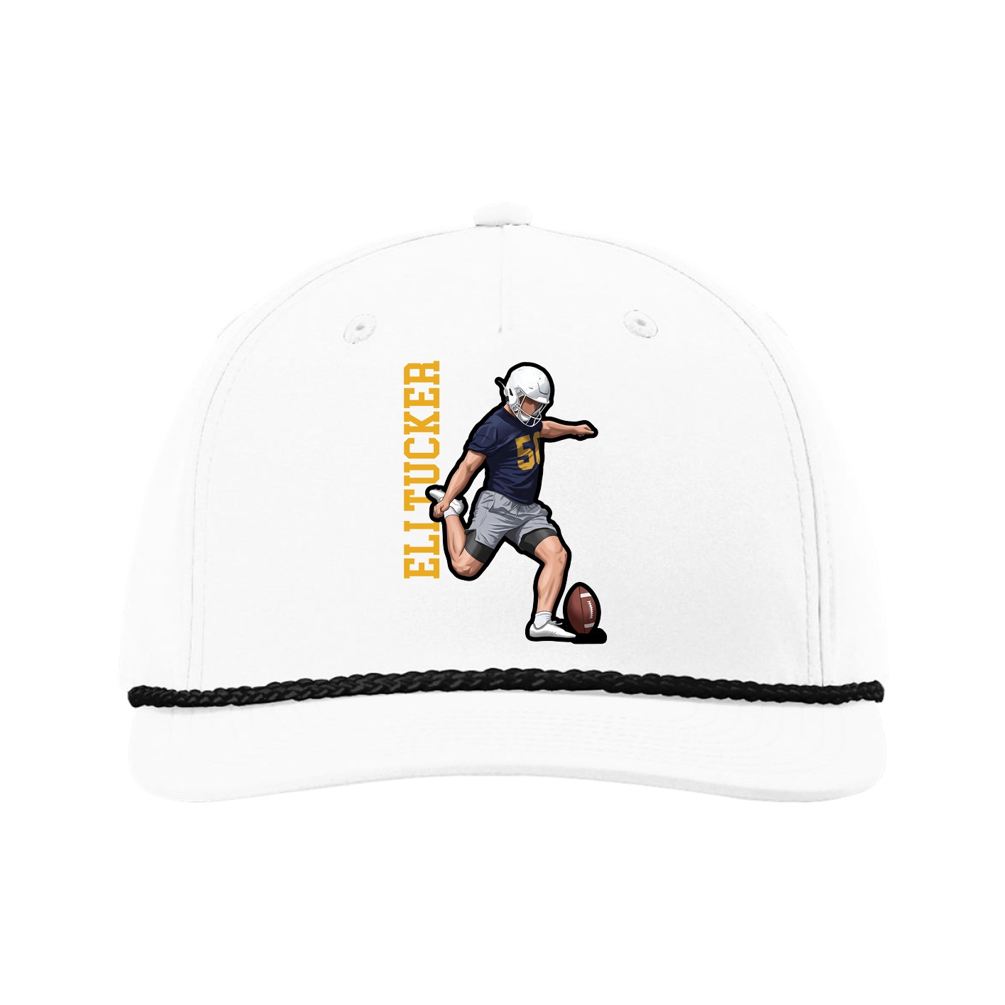Five-Panel Classic Rope Cap — Name Vertical in White