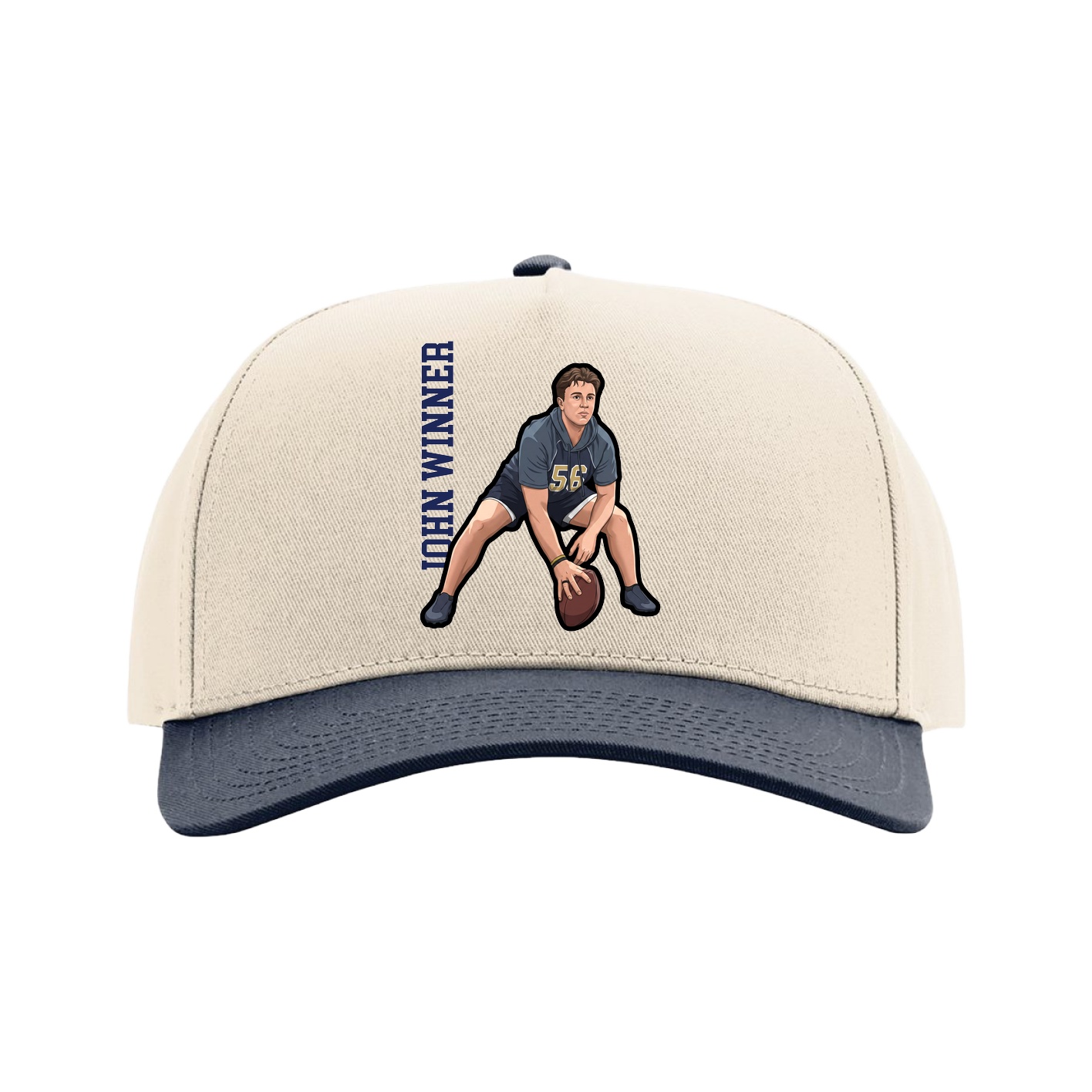 Full Fabric Five-Panel Champ Cap — Name Vertical in Cream/Navy