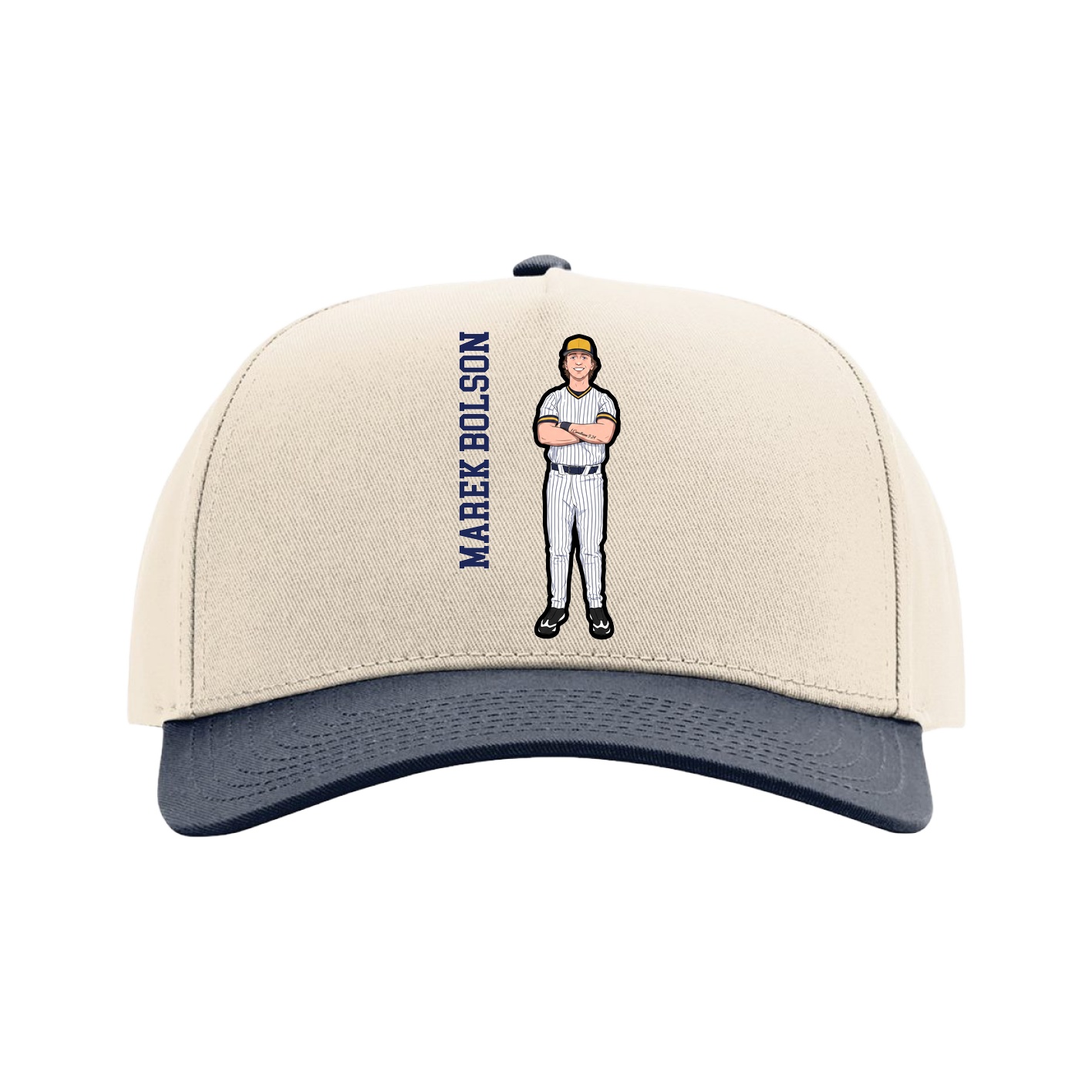 Full Fabric Five-Panel Champ Cap — Name Vertical in Cream/Navy