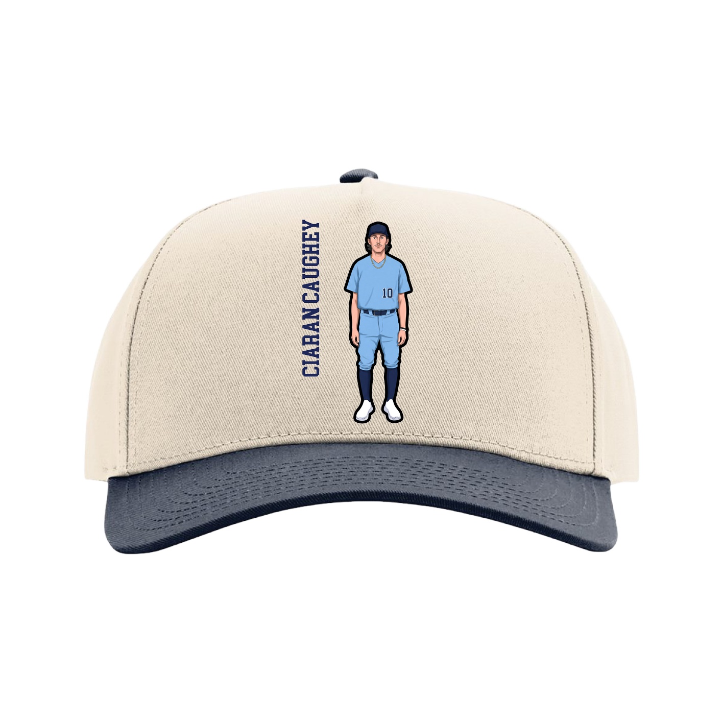 Full Fabric Five-Panel Champ Cap — Name Vertical in Cream/Navy