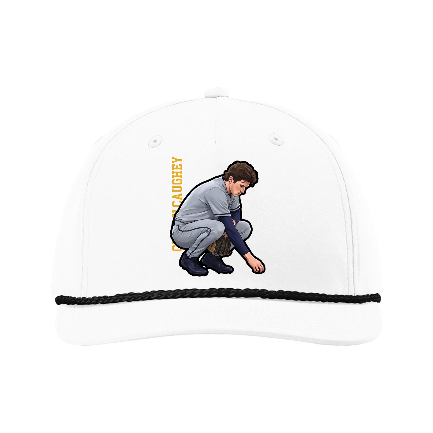 Five-Panel Classic Rope Cap — Name Vertical in White