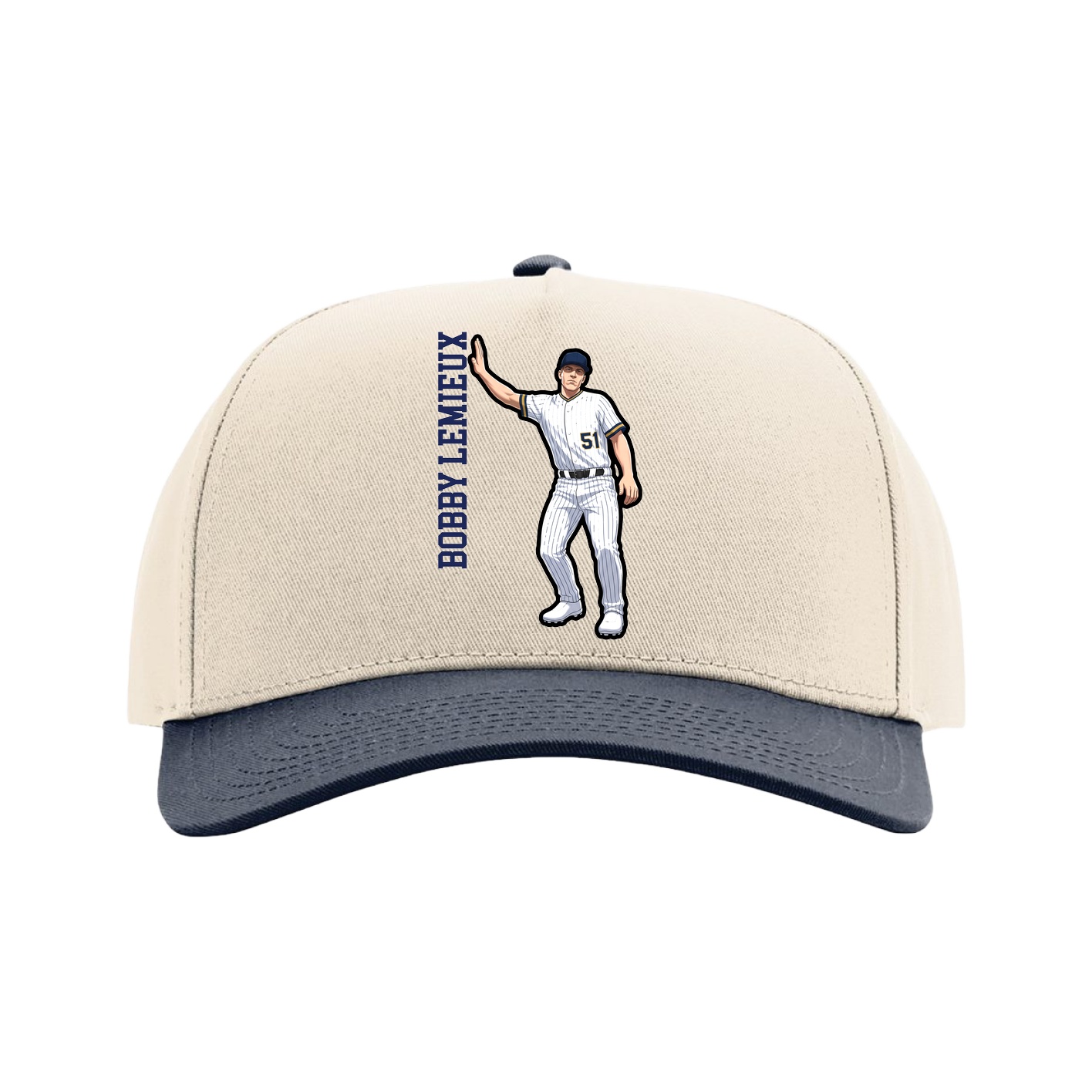 Full Fabric Five-Panel Champ Cap — Name Vertical in Cream/Navy
