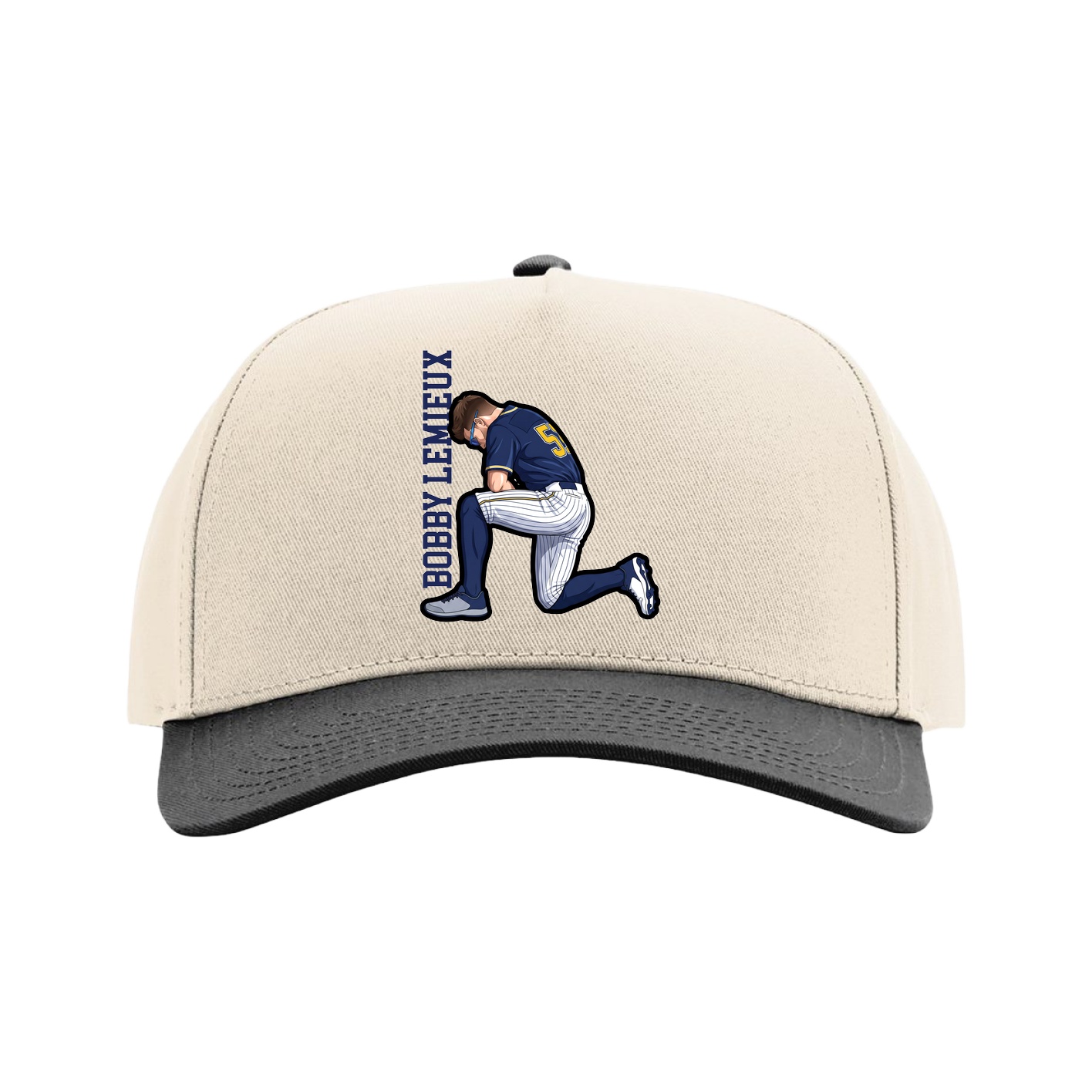 Full Fabric Five-Panel Champ Cap — Name Vertical in Cream/Black