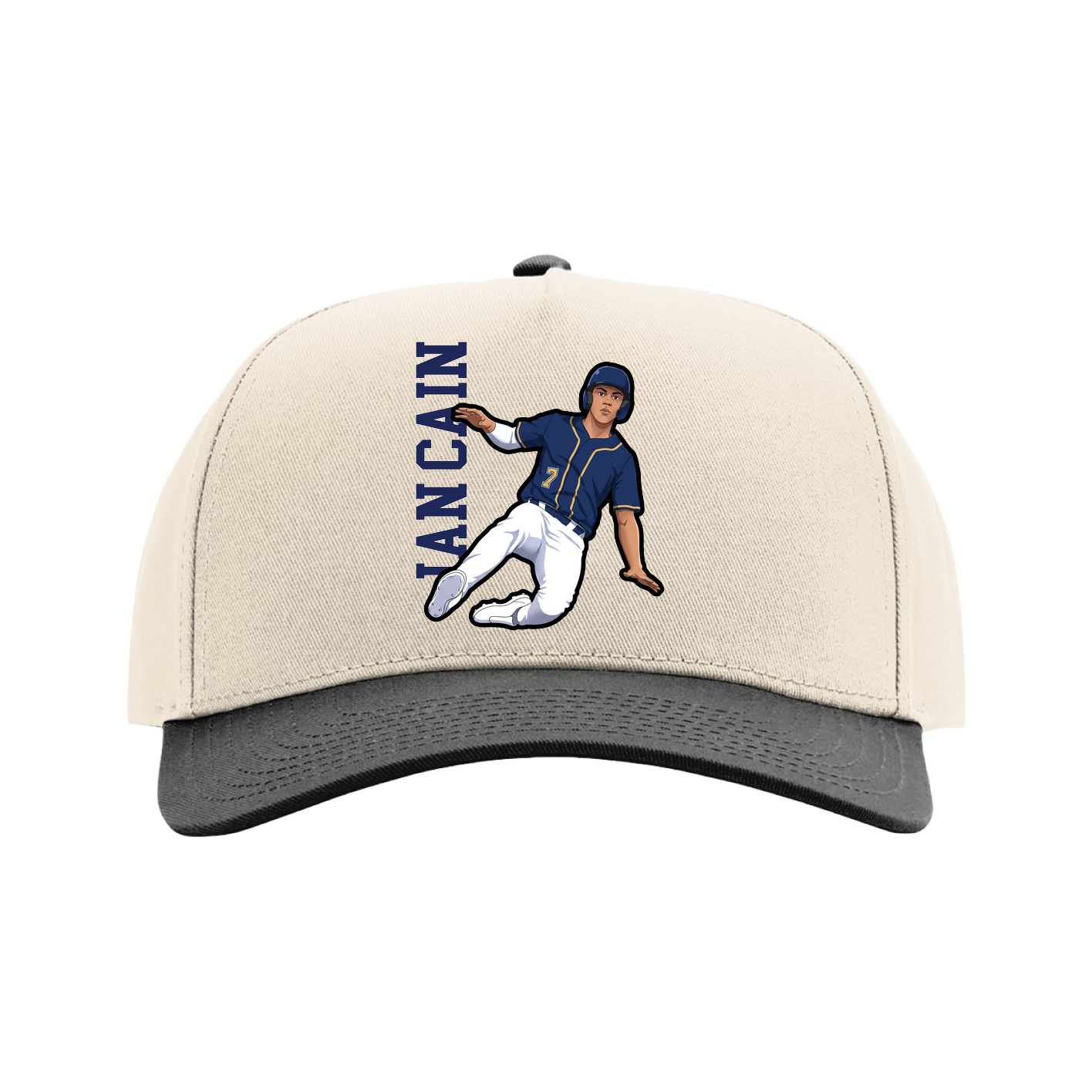 Full Fabric Five-Panel Champ Cap — Name Vertical in Cream/Black