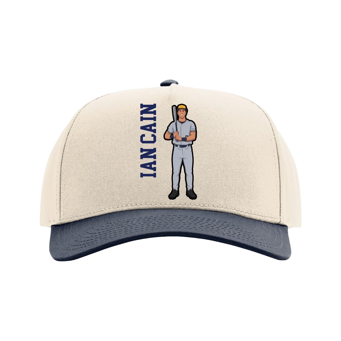 Full Fabric Five-Panel Champ Cap — Name Vertical in Cream/Navy