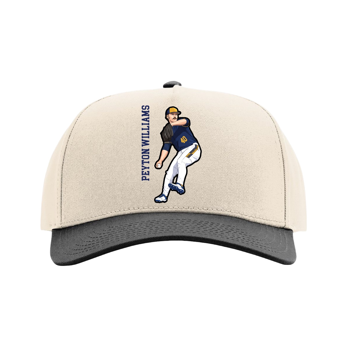 Full Fabric Five-Panel Champ Cap — Name Vertical in Cream/Black
