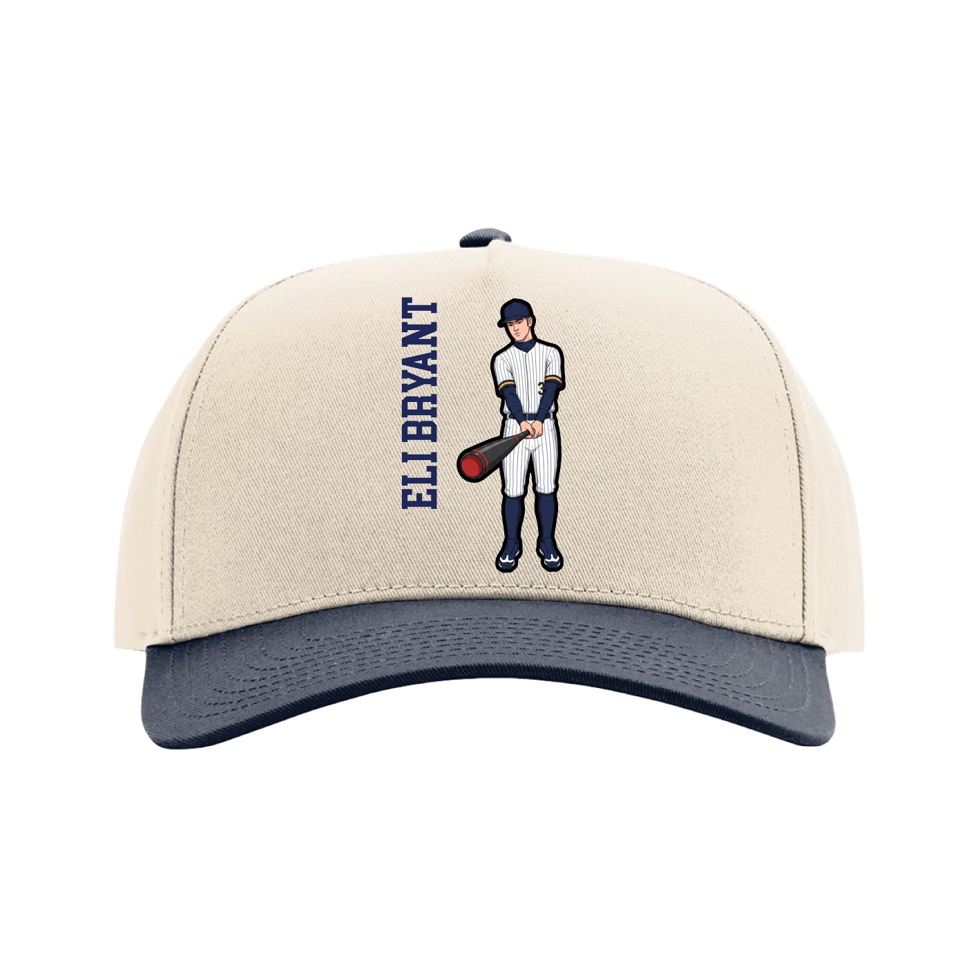 Full Fabric Five-Panel Champ Cap — Name Vertical in Cream/Navy