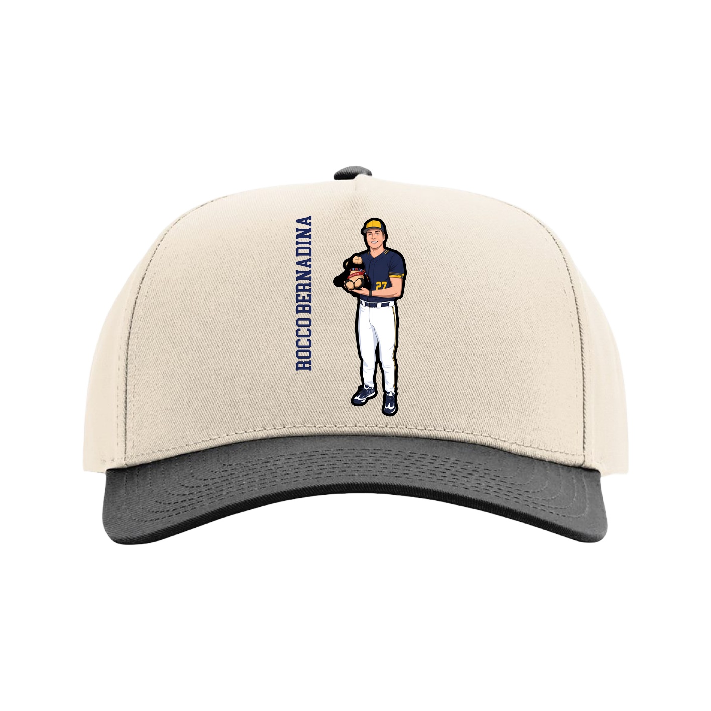 Full Fabric Five-Panel Champ Cap — Name Vertical in Cream/Black