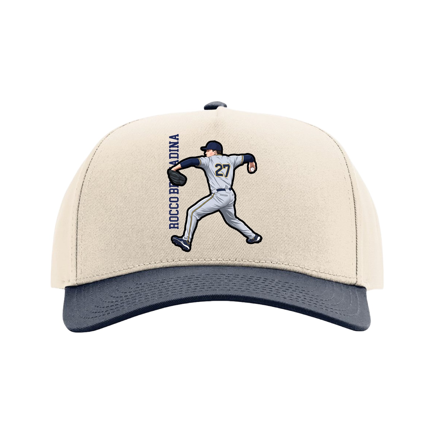Full Fabric Five-Panel Champ Cap — Name Vertical in Cream/Navy