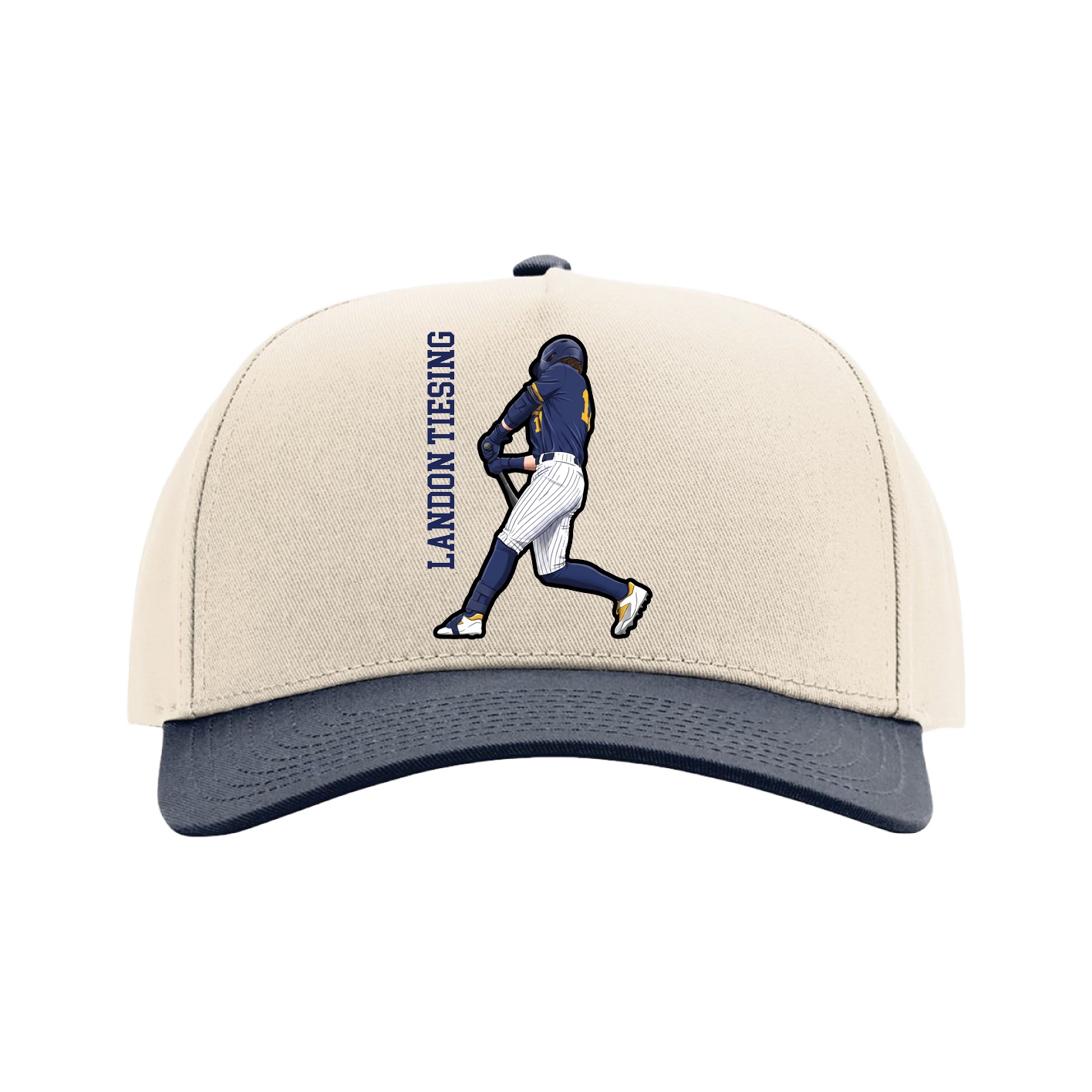 Full Fabric Five-Panel Champ Cap — Name Vertical in Cream/Navy