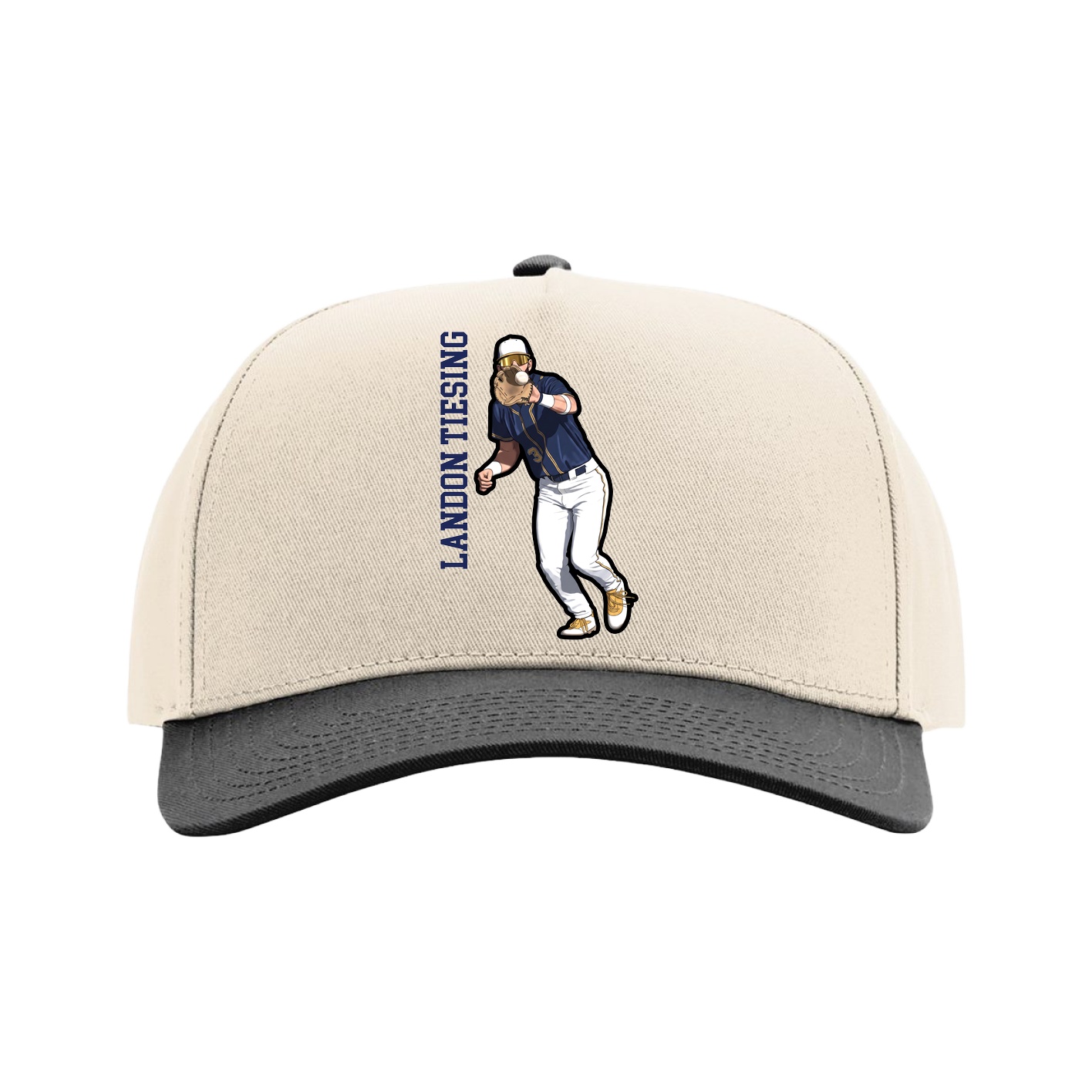 Full Fabric Five-Panel Champ Cap — Name Vertical in Cream/Black