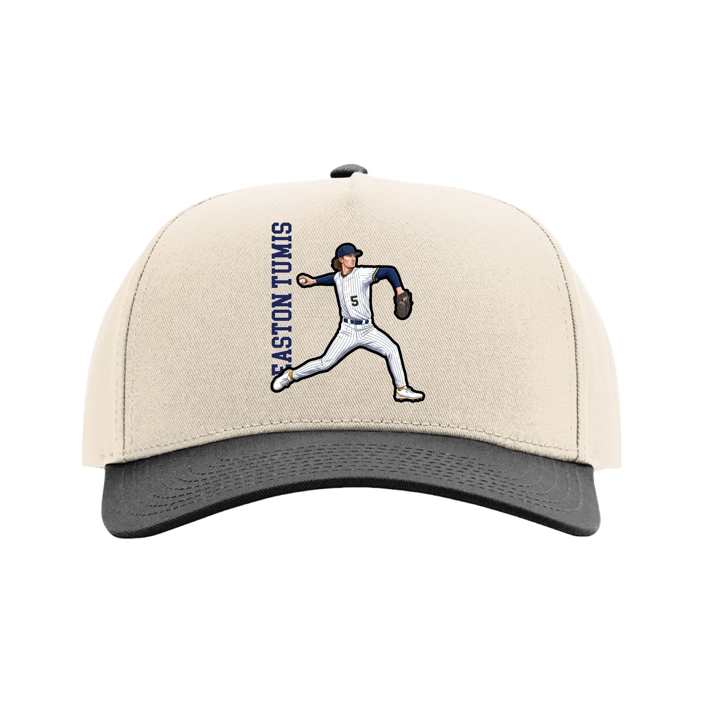 Full Fabric Five-Panel Champ Cap — Name Vertical in Cream/Black