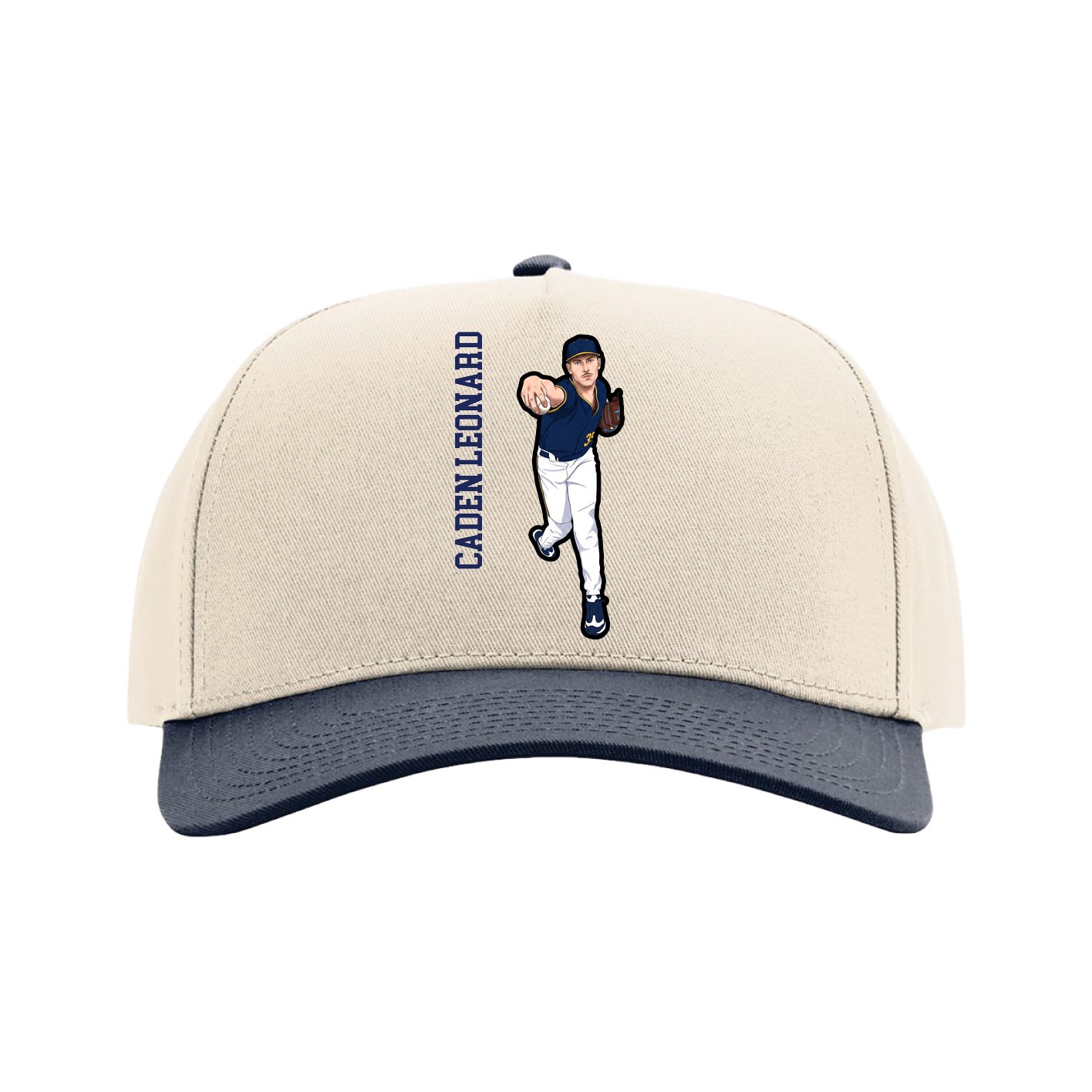 Full Fabric Five-Panel Champ Cap — Name Vertical in Cream/Navy