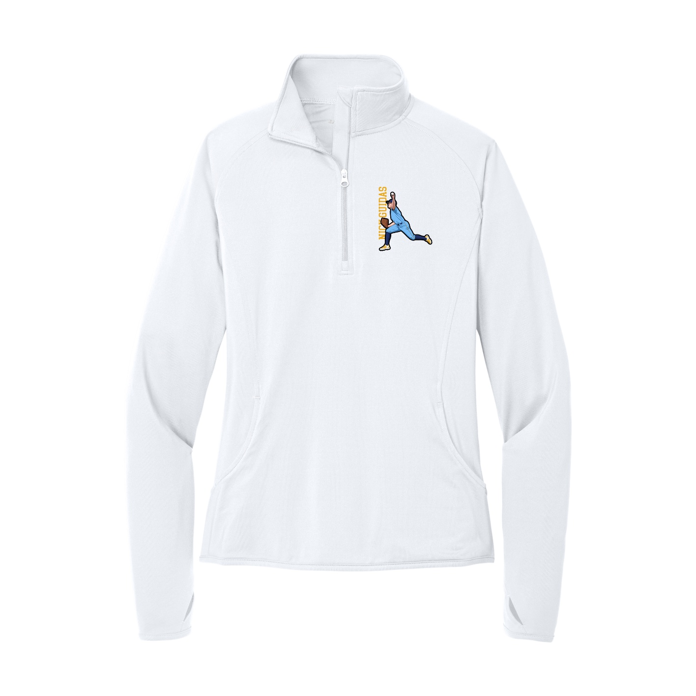 Women's Q-Zip Pullover — Name Vertical in White