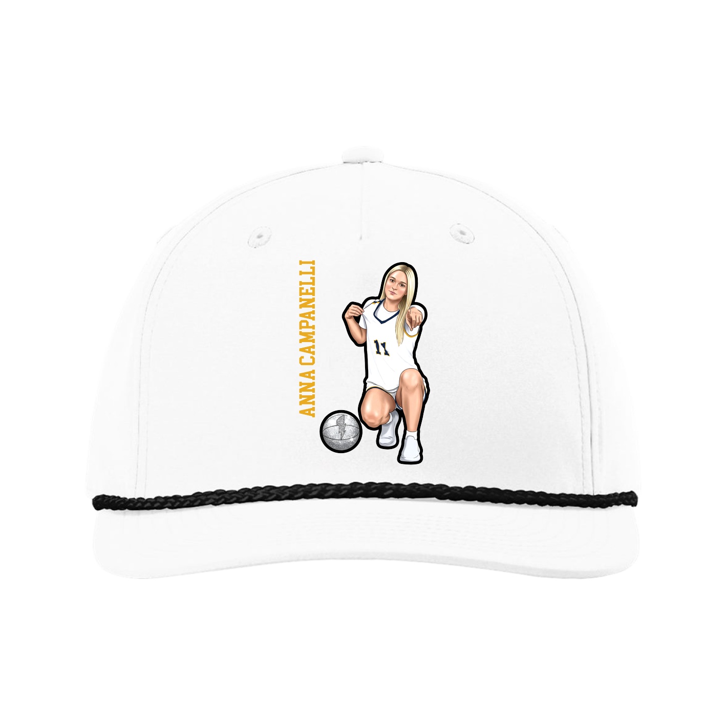 Five-Panel Classic Rope Cap — Name Vertical in White