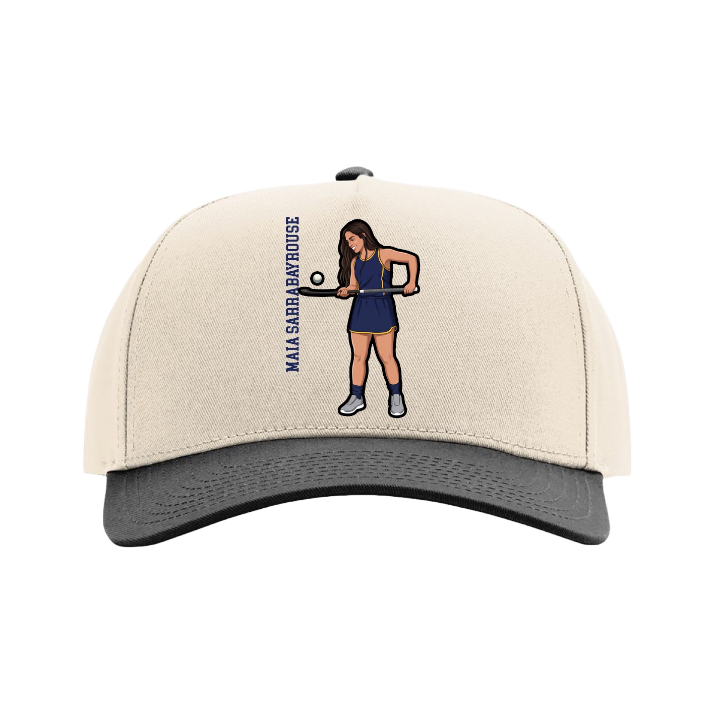 Full Fabric Five-Panel Champ Cap — Name Vertical in Cream/Black