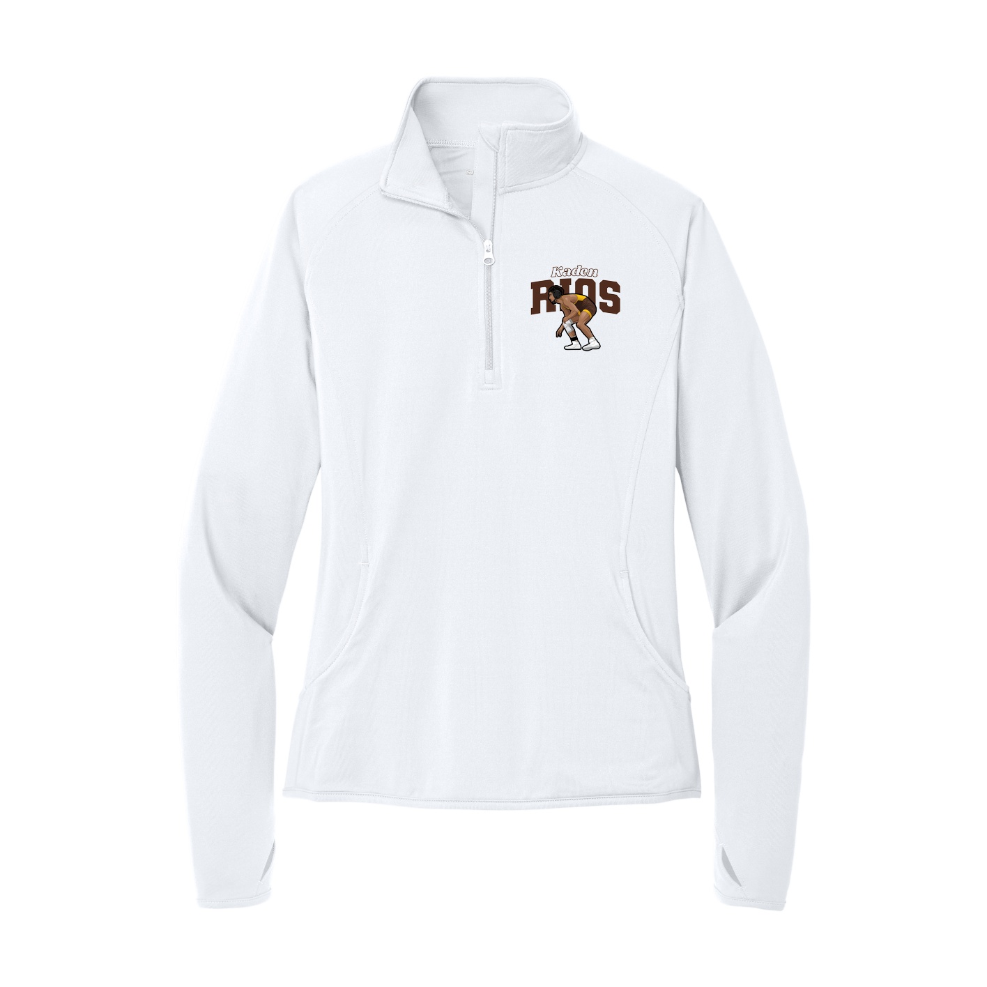 Women's Q-Zip Pullover — Name Arch in White