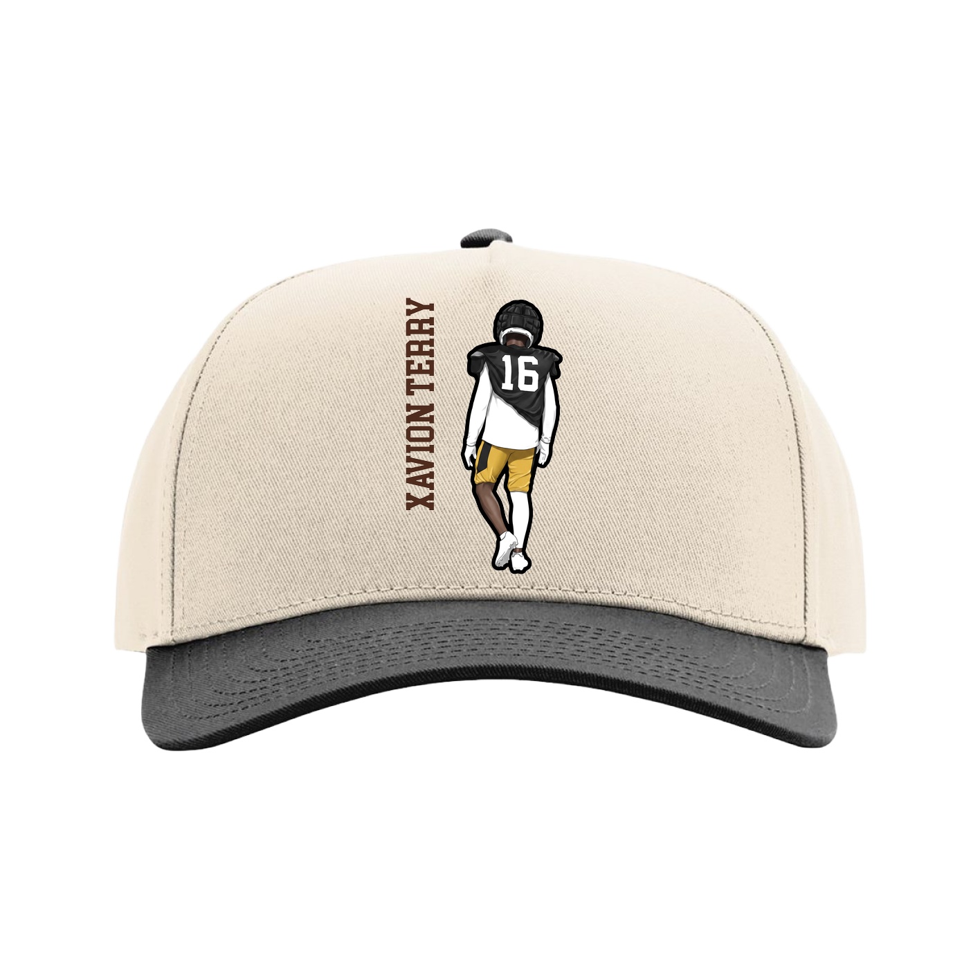 Full Fabric Five-Panel Champ Cap — Name Vertical in Cream/Black