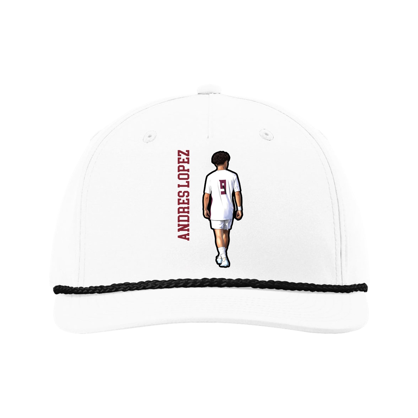 Five-Panel Classic Rope Cap — Name Vertical in White