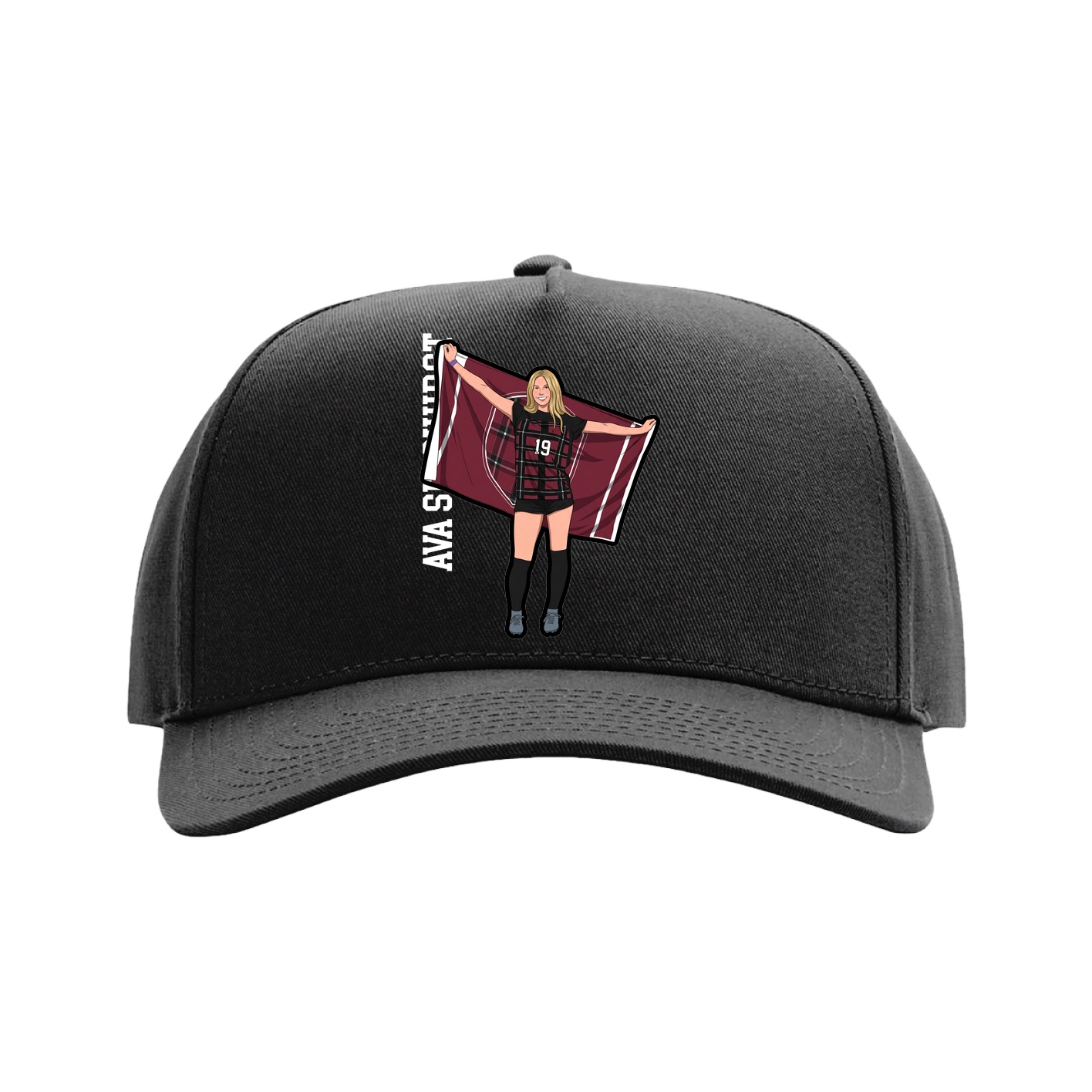 Full Fabric Five-Panel Champ Cap — Name Vertical in Black